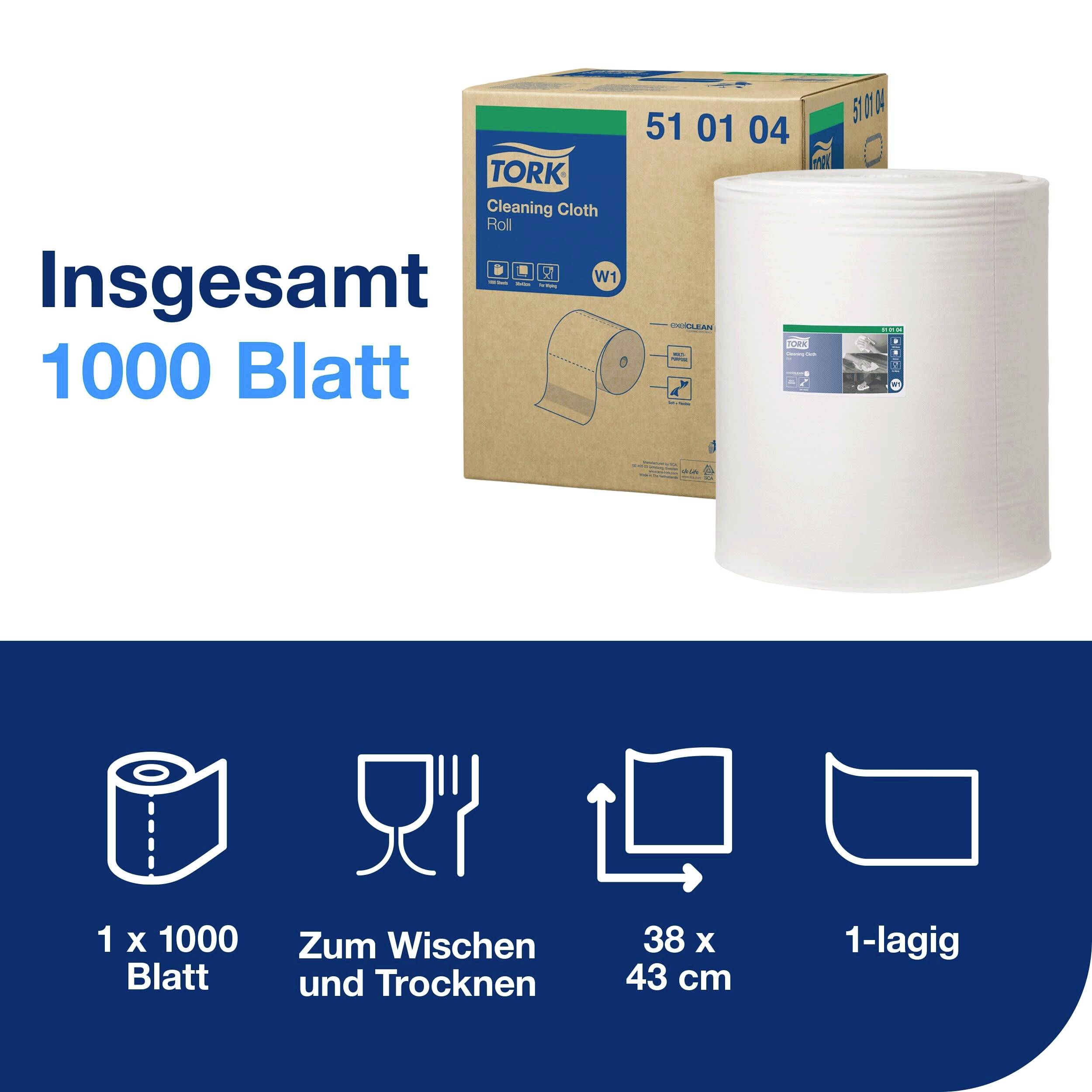 A carton of Tork cleaning wipe roll, stating 1000 sheets. Symbols indicate usage areas: wiping and drying, 38 x 43 cm, 1-ply.