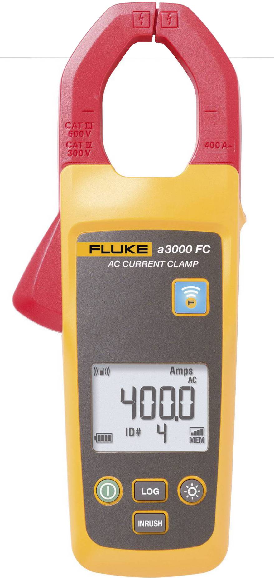 'Fluke a3000 FC Alternating Current Clamp Meter' in close-up. The display shows '400.0 Amps AC'.