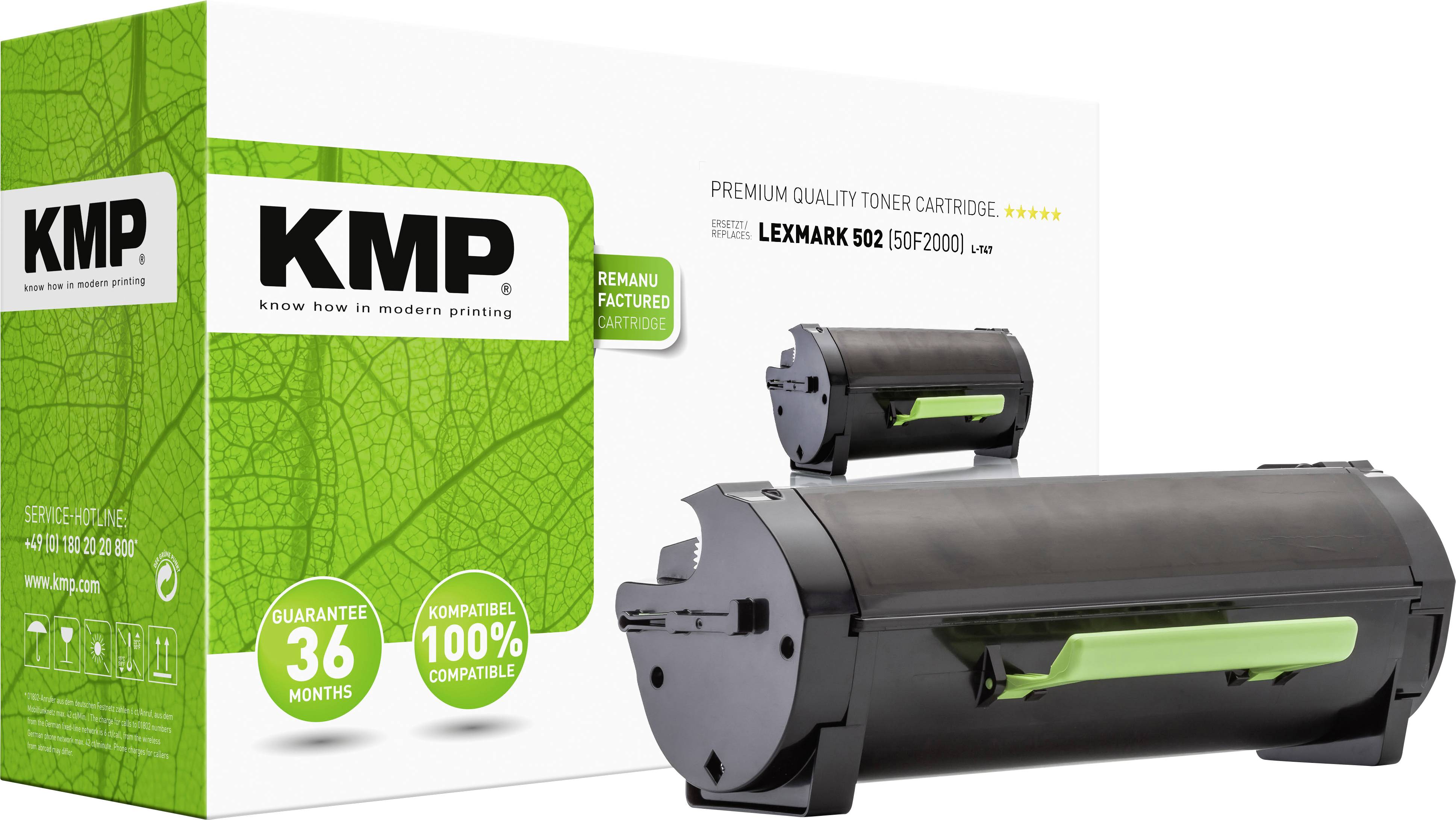 KMP Toner Cartridge for Lexmark 502, compatible and guaranteed for 36 months. White packaging with green accents, featuring product image.