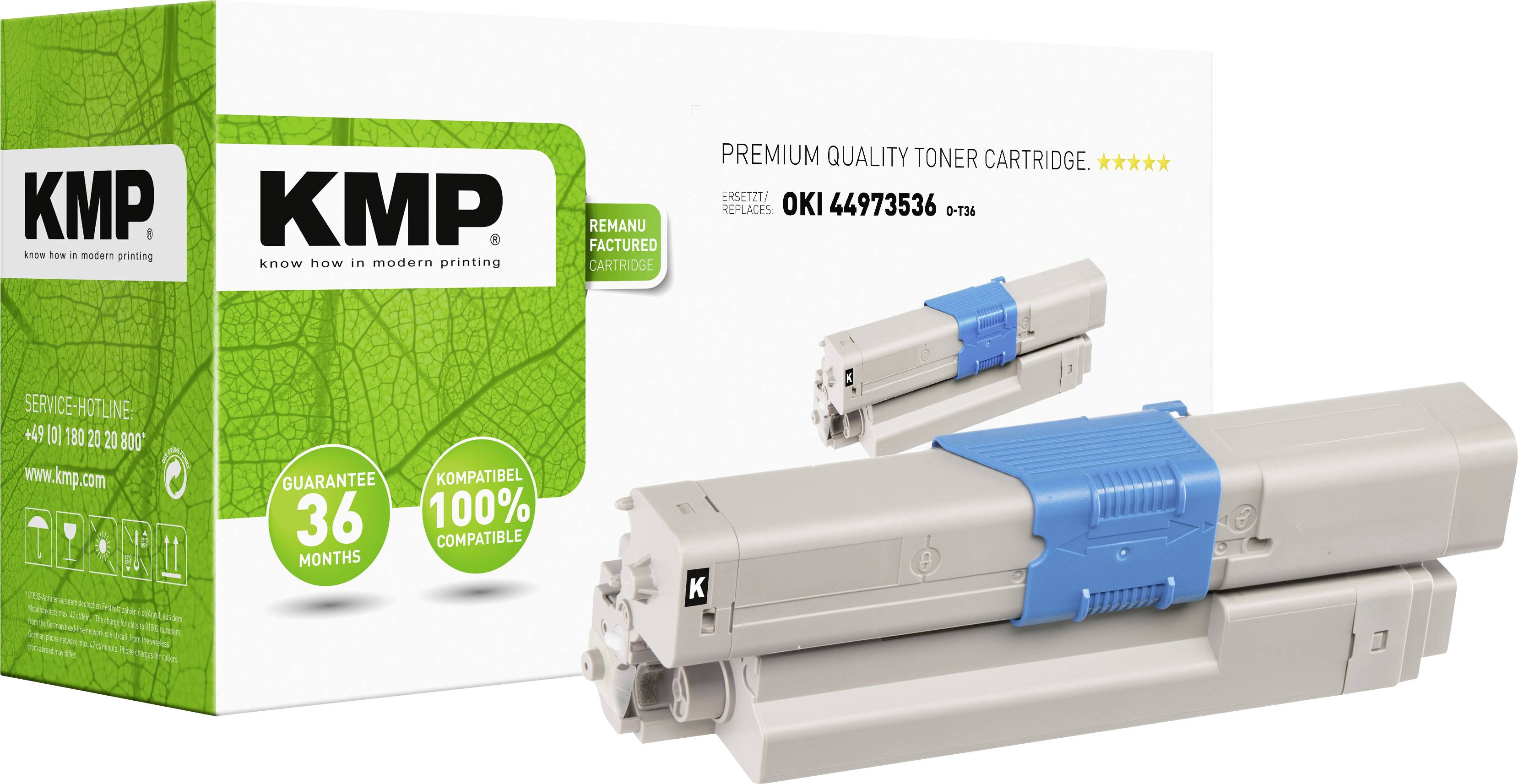 Toner cartridge for OKI printer, Model 44973536, by KMP. Packaging indicates 36-month warranty and 100% compatibility.