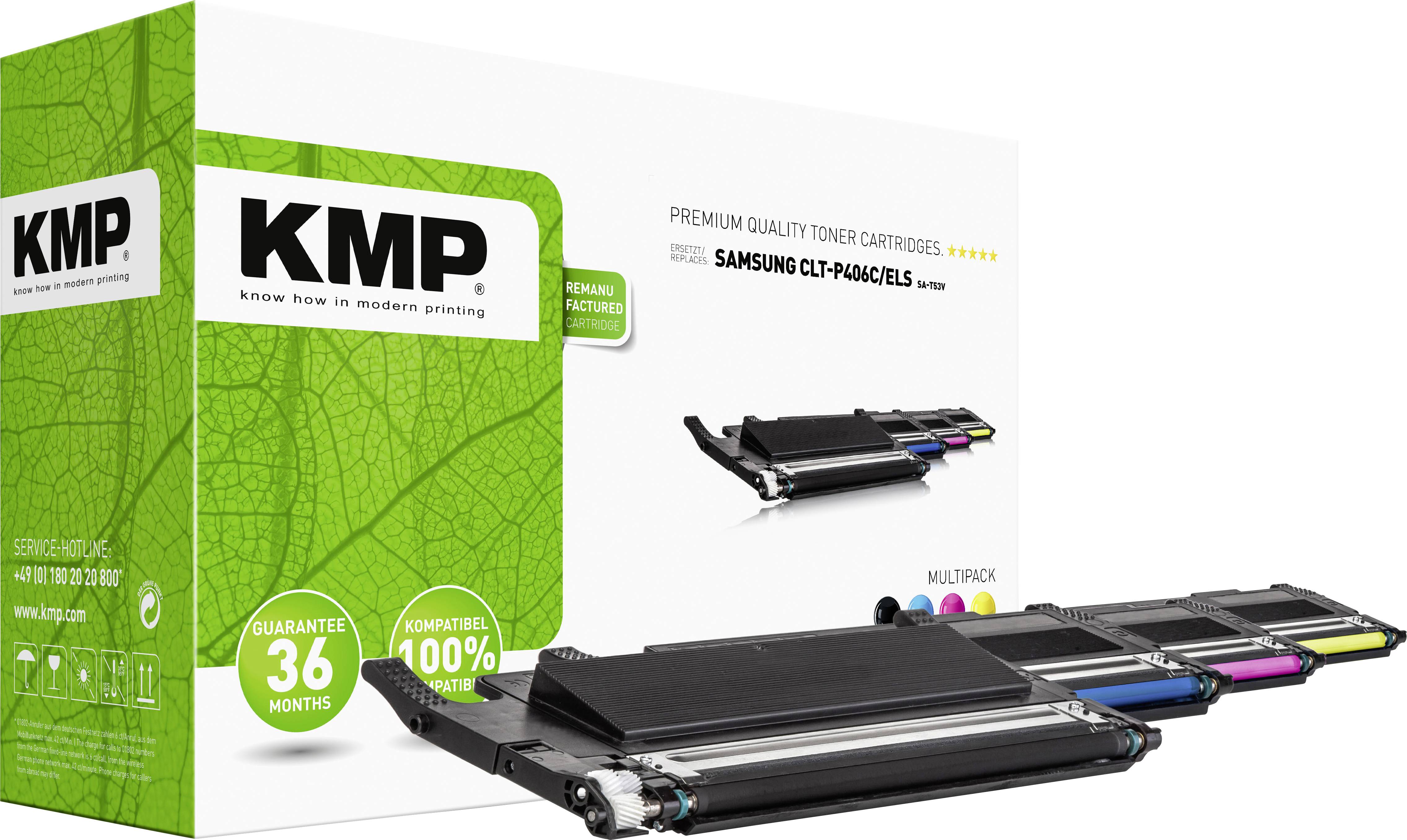 KMP Packaging of Premium Toner Cartridges, compatible with Samsung CLP and CELS models. Shows a 36-month guarantee.