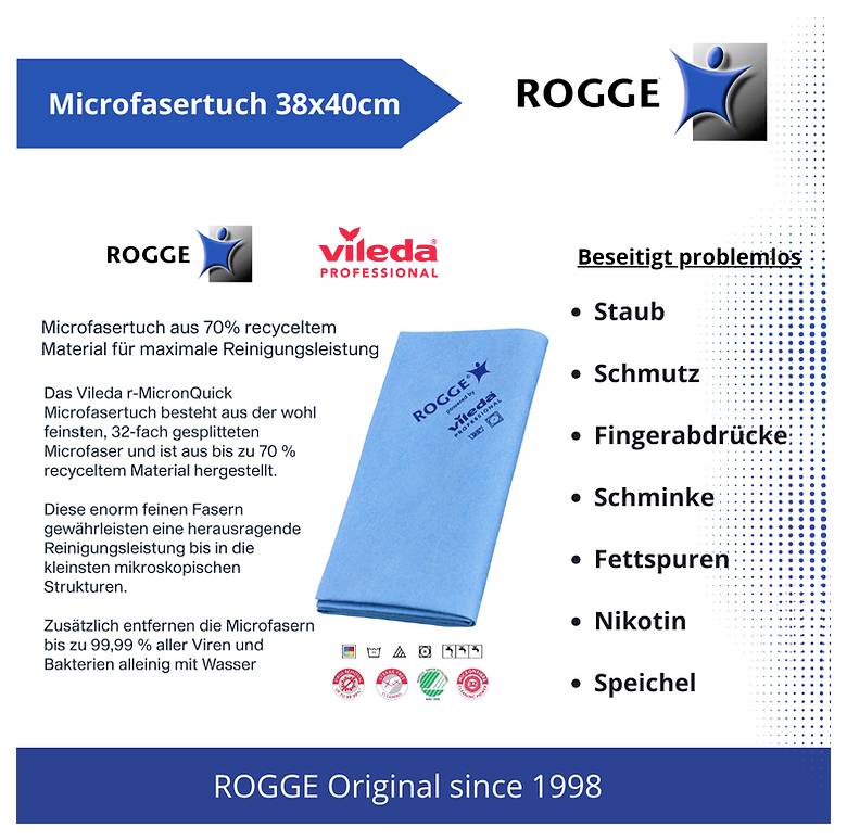 'Rogge' blue microfiber cloth package, 38x40 cm, made of 70% recycled material, effective against dust, dirt, and other stains.