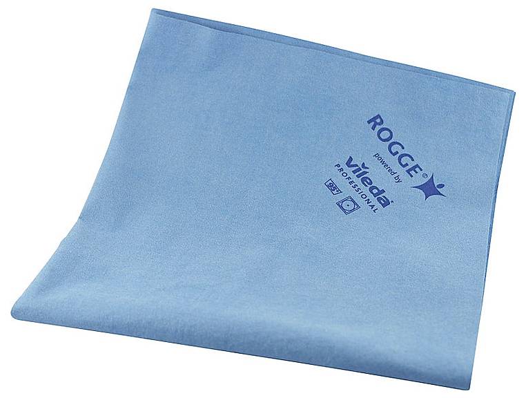 A blue cleaning cloth branded 'Rogge', co-branded with 'Vileda Professional', displaying icons suggesting suitability for cleaning.