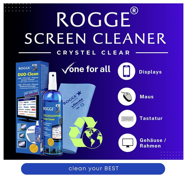 'Rogge Screen Cleaner - Crystal Clear. One for all: Displays, Maus, Tastatur, Gehäuse/Rahmen. Clean your best.' Bottle and cloth shown.