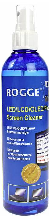Blue bottle labeled 'Rogge LED/LCD/OLED/Plasma Screen Cleaner' in multiple languages with illustrations suggesting use for screens.