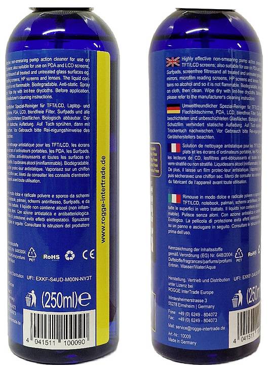 Two blue bottles with yellow caps labeled as screen cleaning solution. English text describes usage instructions, ingredients, and safety warnings.