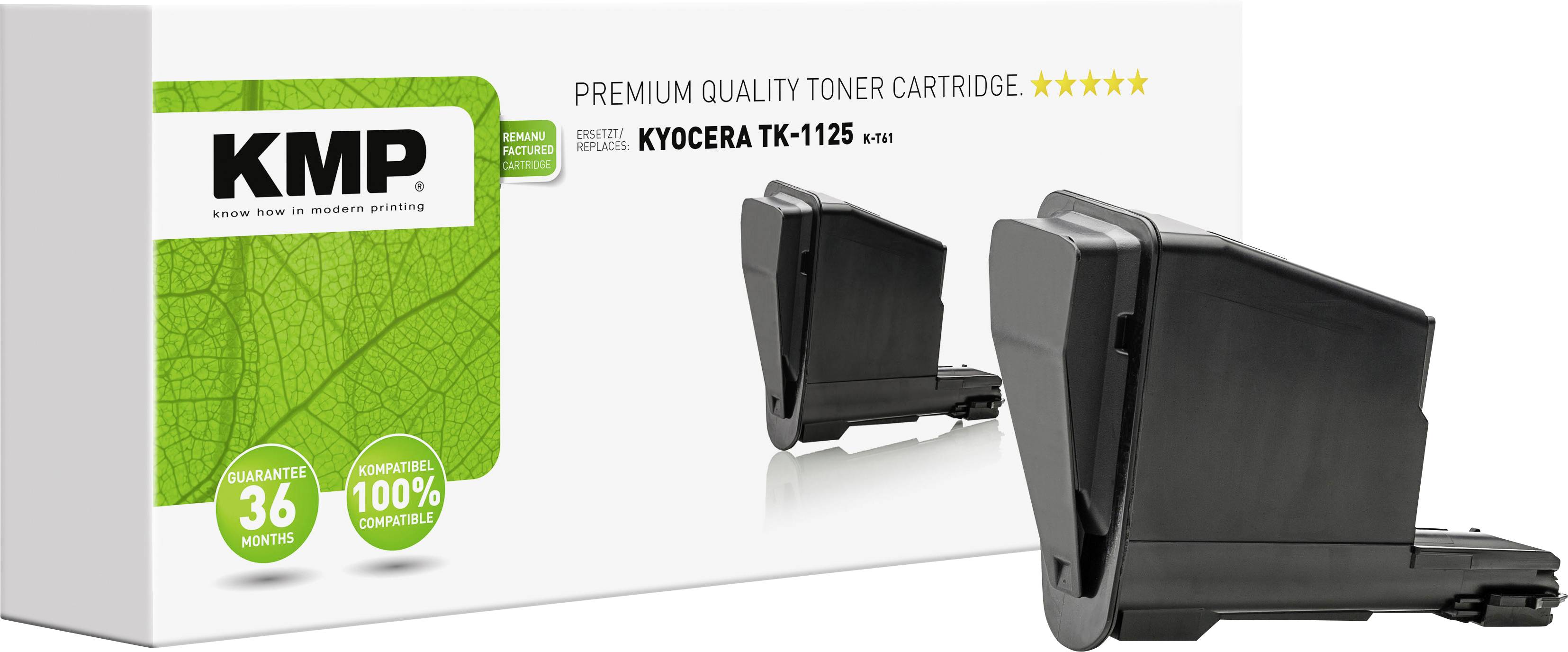 Two black toner cartridges in front of packaging. On the packaging it reads 'KMP Toner Cartridge KYOCERA TK-1125'. Guarantee symbols are visible.