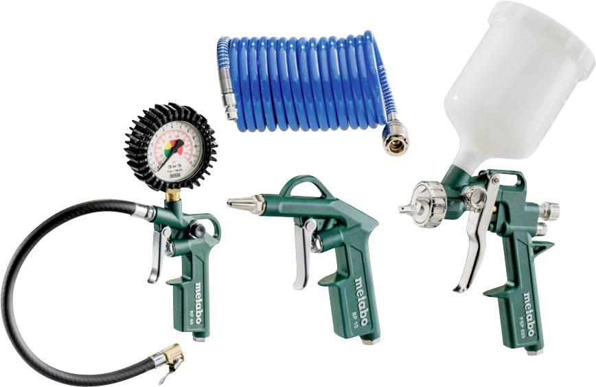 Tool set with air guns and hose. Includes air pressure gauge, cleaning gun and spray gun.