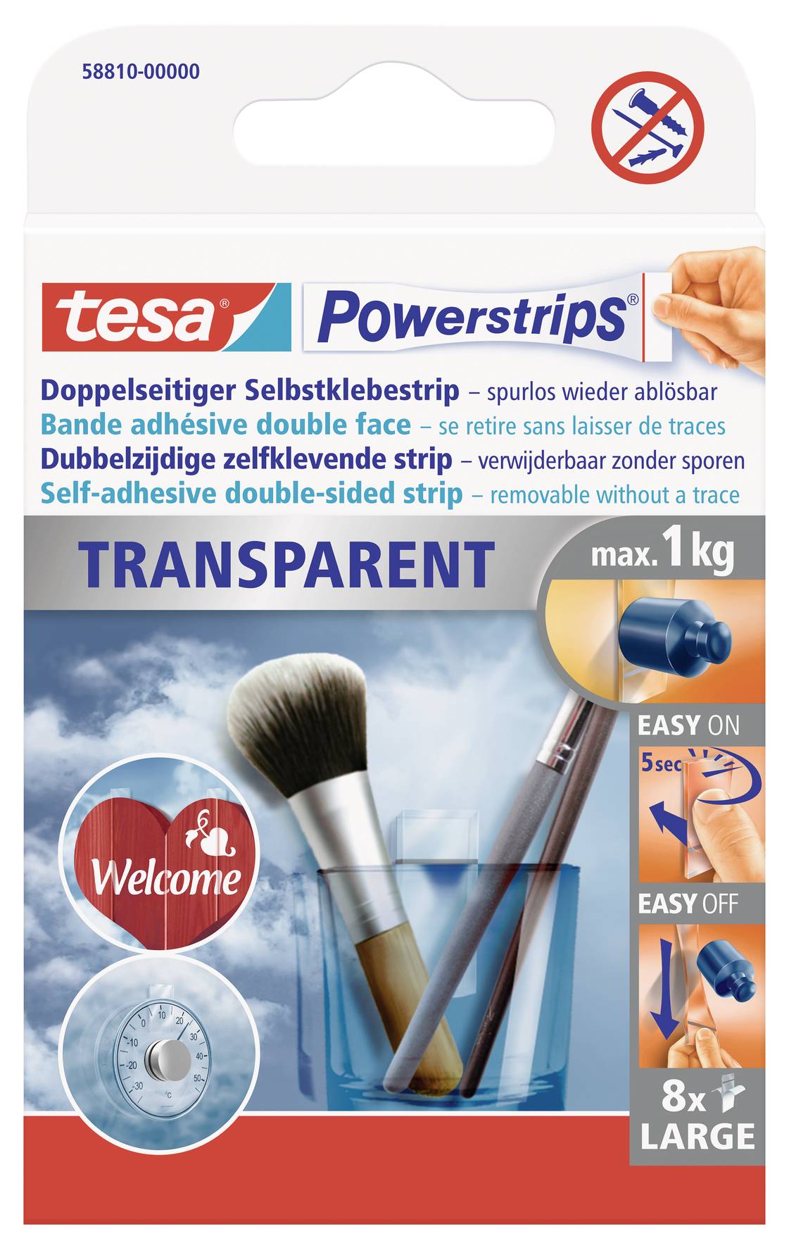 Packaging of Tesa Powerstrips, transparent double-sided adhesive strips, maximum 1 kg weight capacity, 8 large strips.