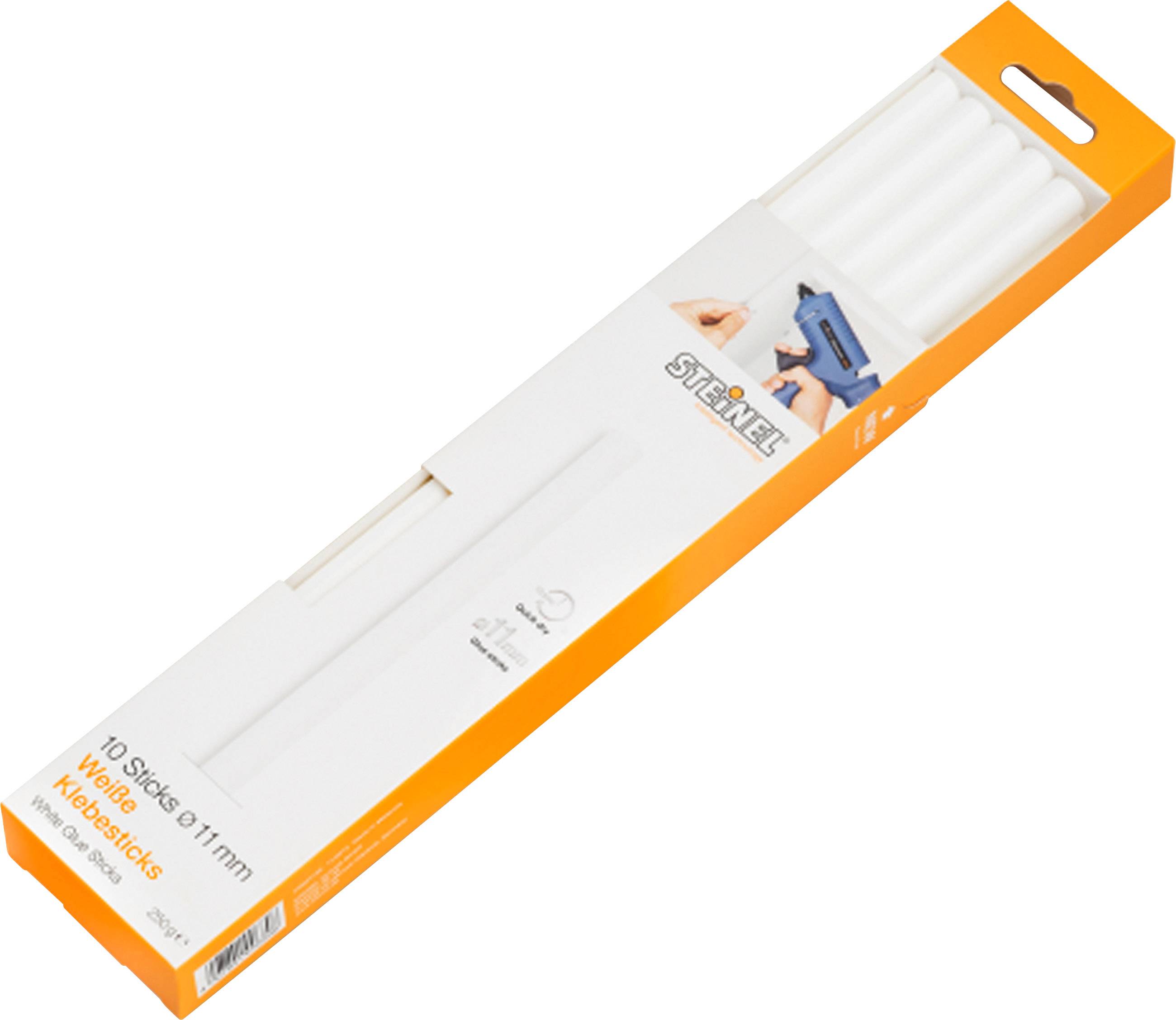 'Steinel White Glue Sticks, Pack of 10, 11mm' on orange packaging. Contains glue sticks for hot glue guns.
