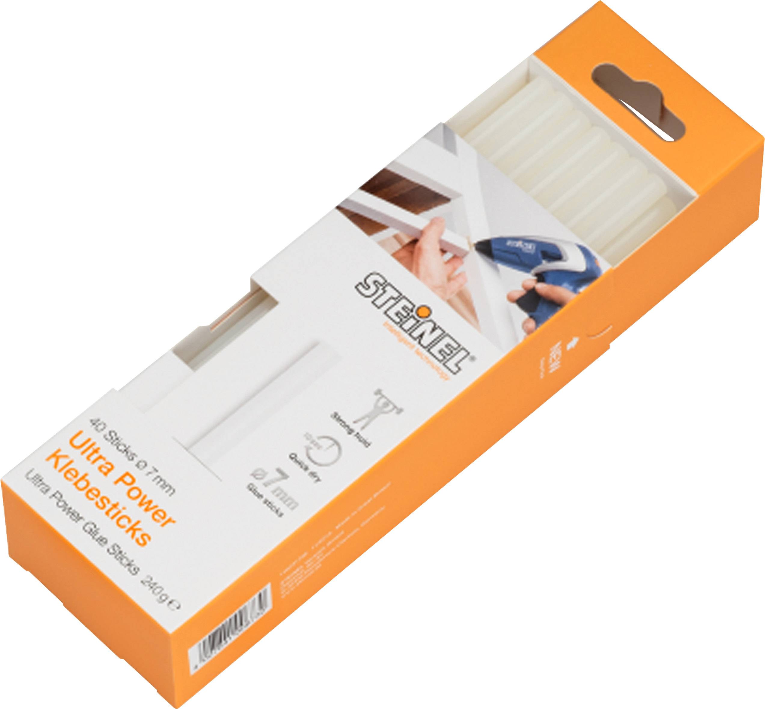'Steinel Ultra Power Glue Sticks' packaging, 10 sticks, 7 mm diameter, for strong bonding with hot glue gun, pictured.