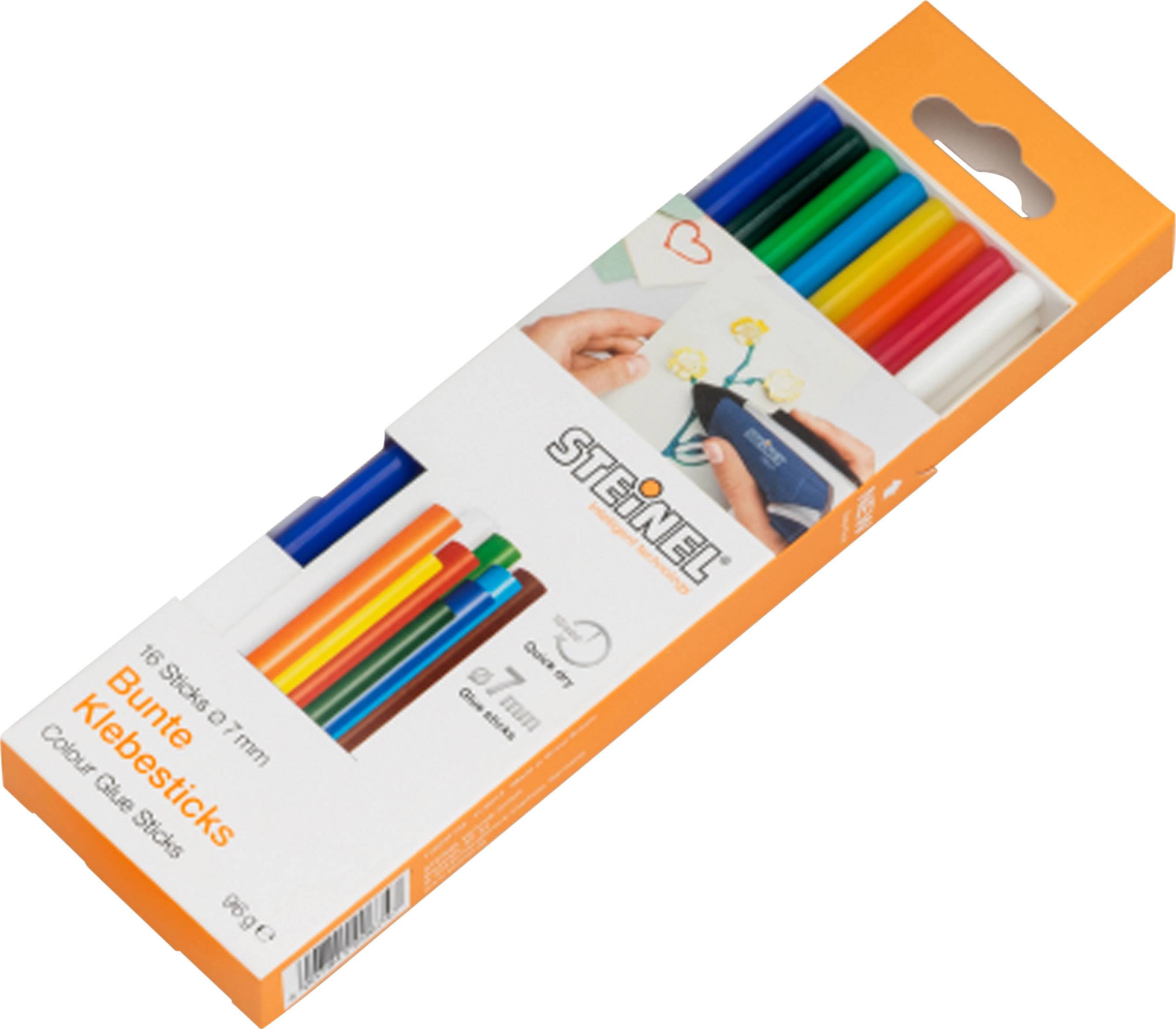 Colourful glue sticks in an orange packaging. Contains various colours for creative projects and craft work.