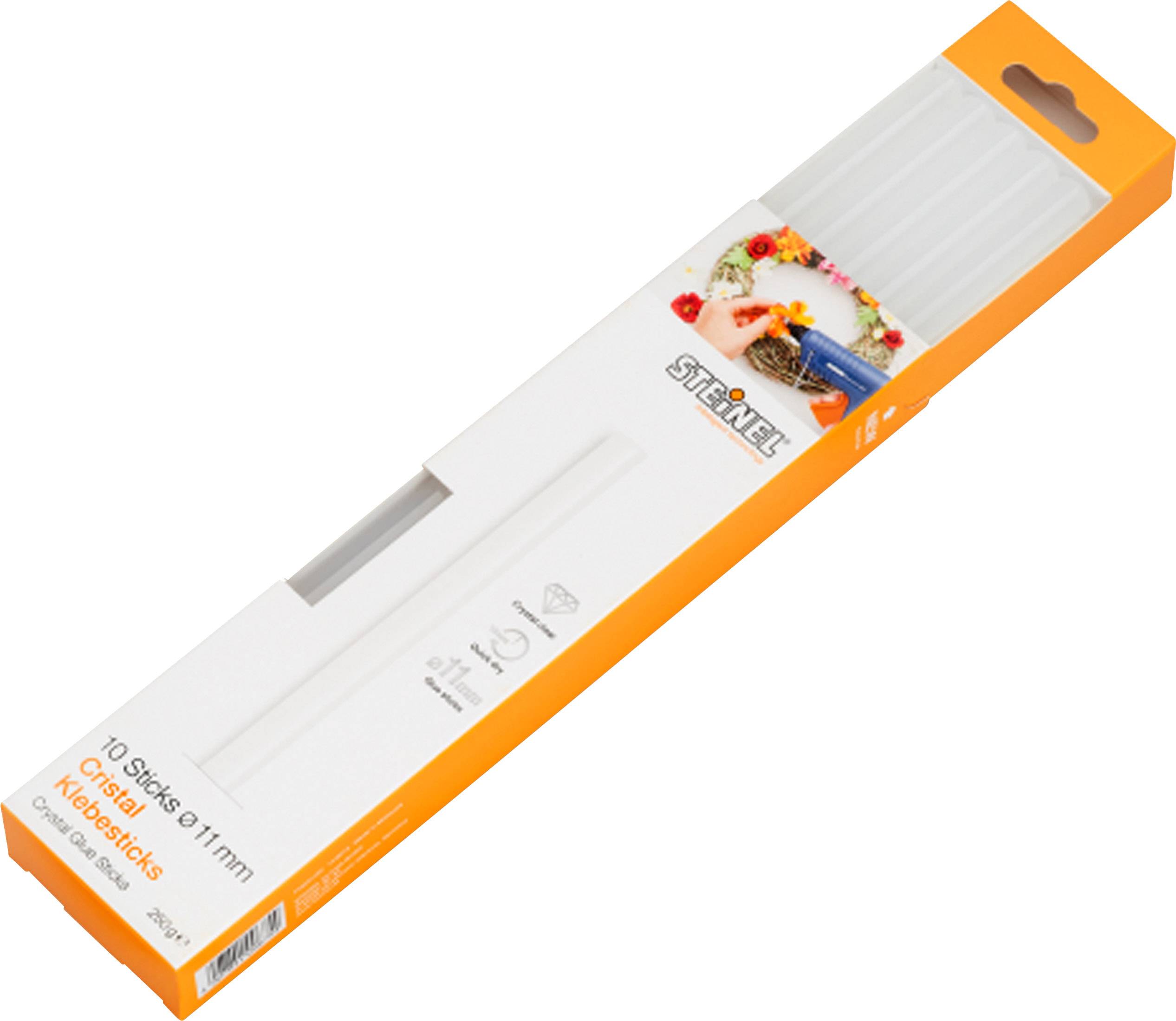 Steinel Glue Sticks, pack of 10, 11 mm diameter, 250 mm length, in orange packaging with application images.
