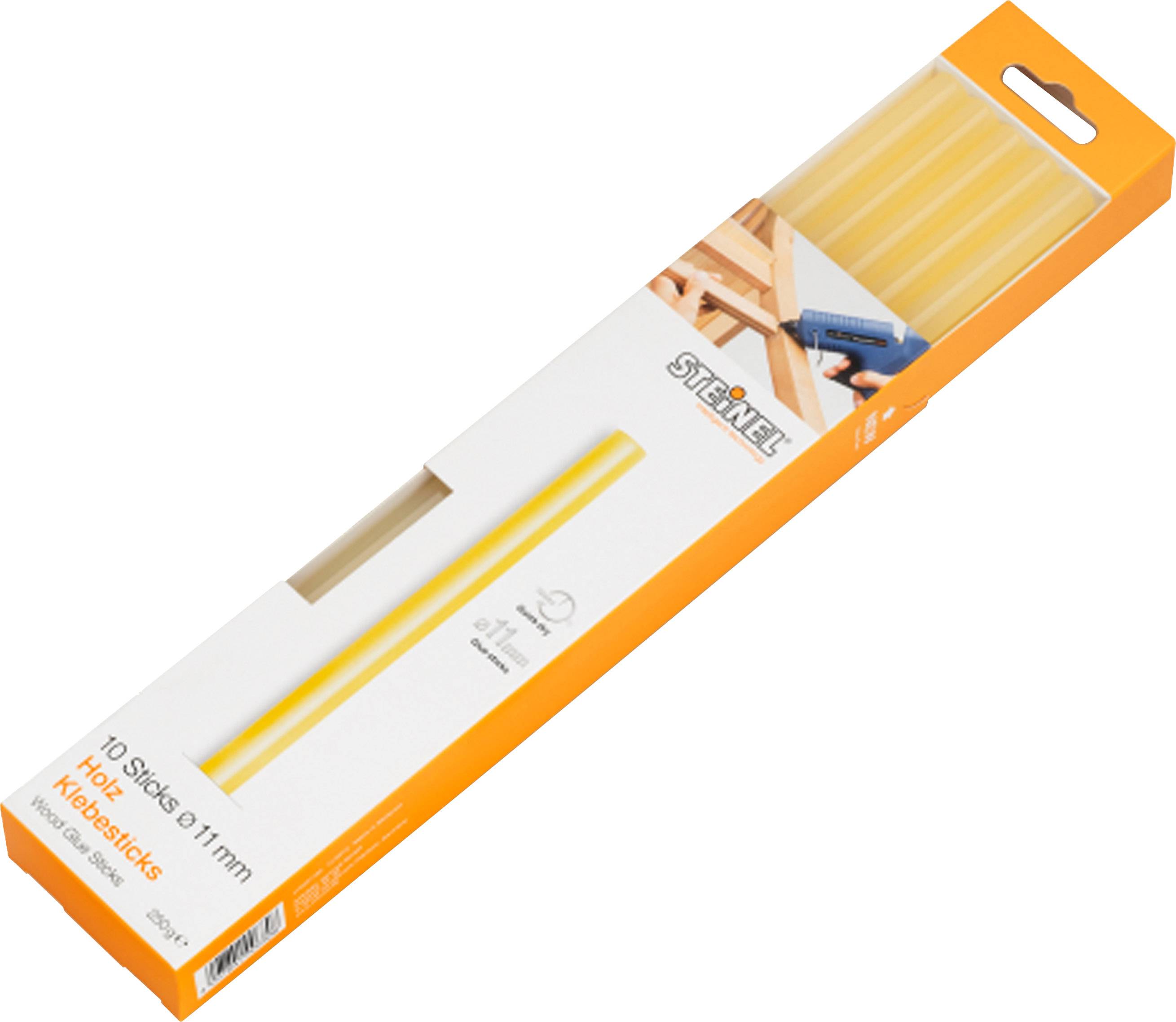 An orange box containing 11 mm glue sticks. Label shows 'Steinel'. Contains 10 glue sticks, suitable for craft work.