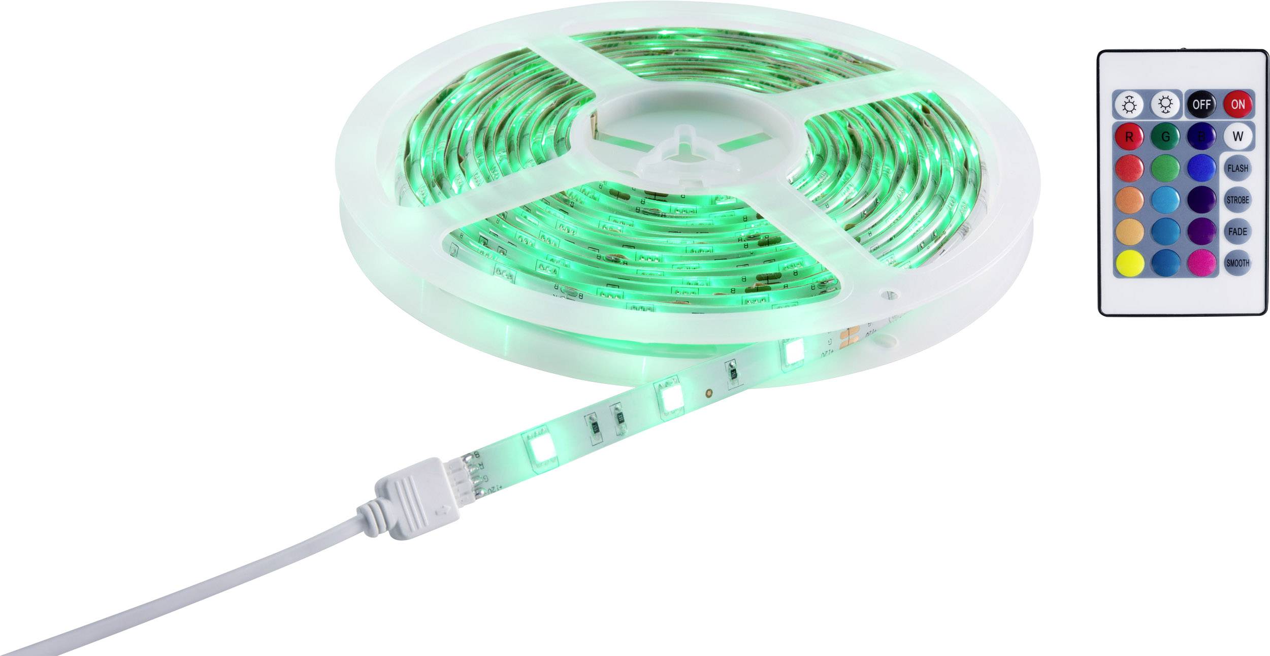 LED light strip roll with remote control displays various colours, primarily green. Ideal for decorative lighting.