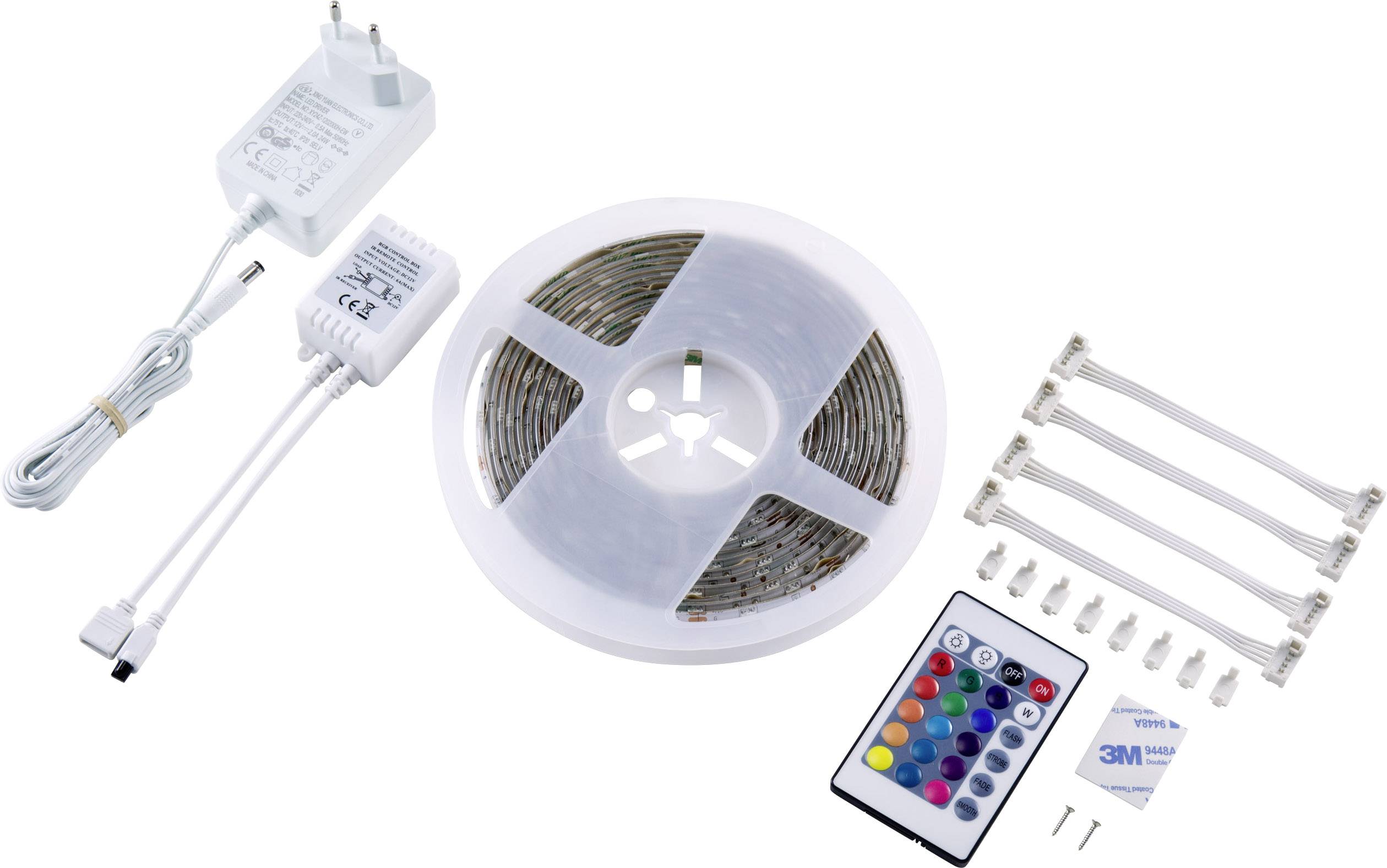 LED Light Strip Set: one reel of LED strip, plug-in power supply, remote control, connection cable, mounting materials.