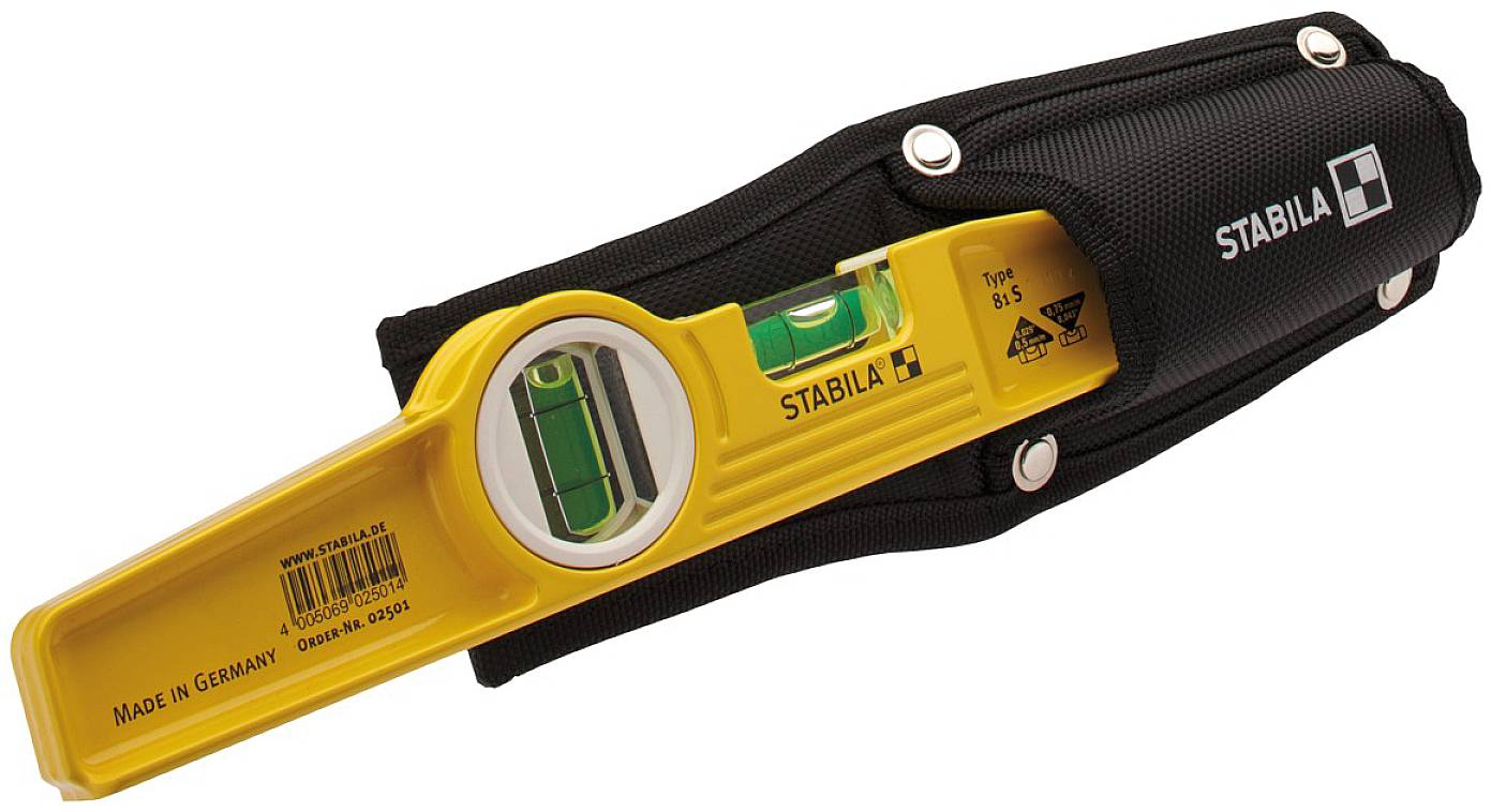 Spirit level by Stabila with a yellow body and black protective cover, suitable for precise measurements and alignments.