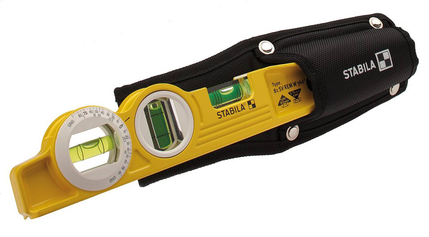 Spirit level with round and tubular vial window, yellow, with black holster, 'STABILA' brand.