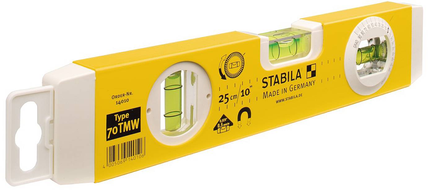 Spirit level made of yellow plastic, 25 cm long, with two vials, brand name 'Stabila', Made in Germany.
