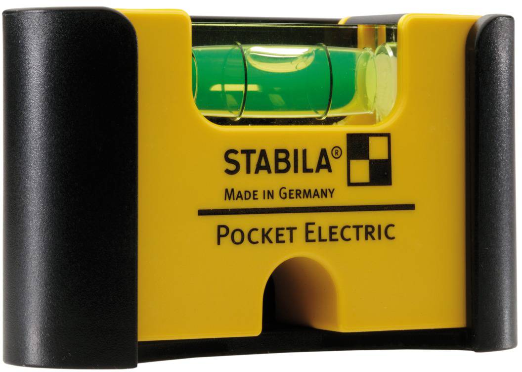 'Stabila' spirit level in yellow with a black casing and green vial. Text print 'Made in Germany' and 'Pocket Electric'.