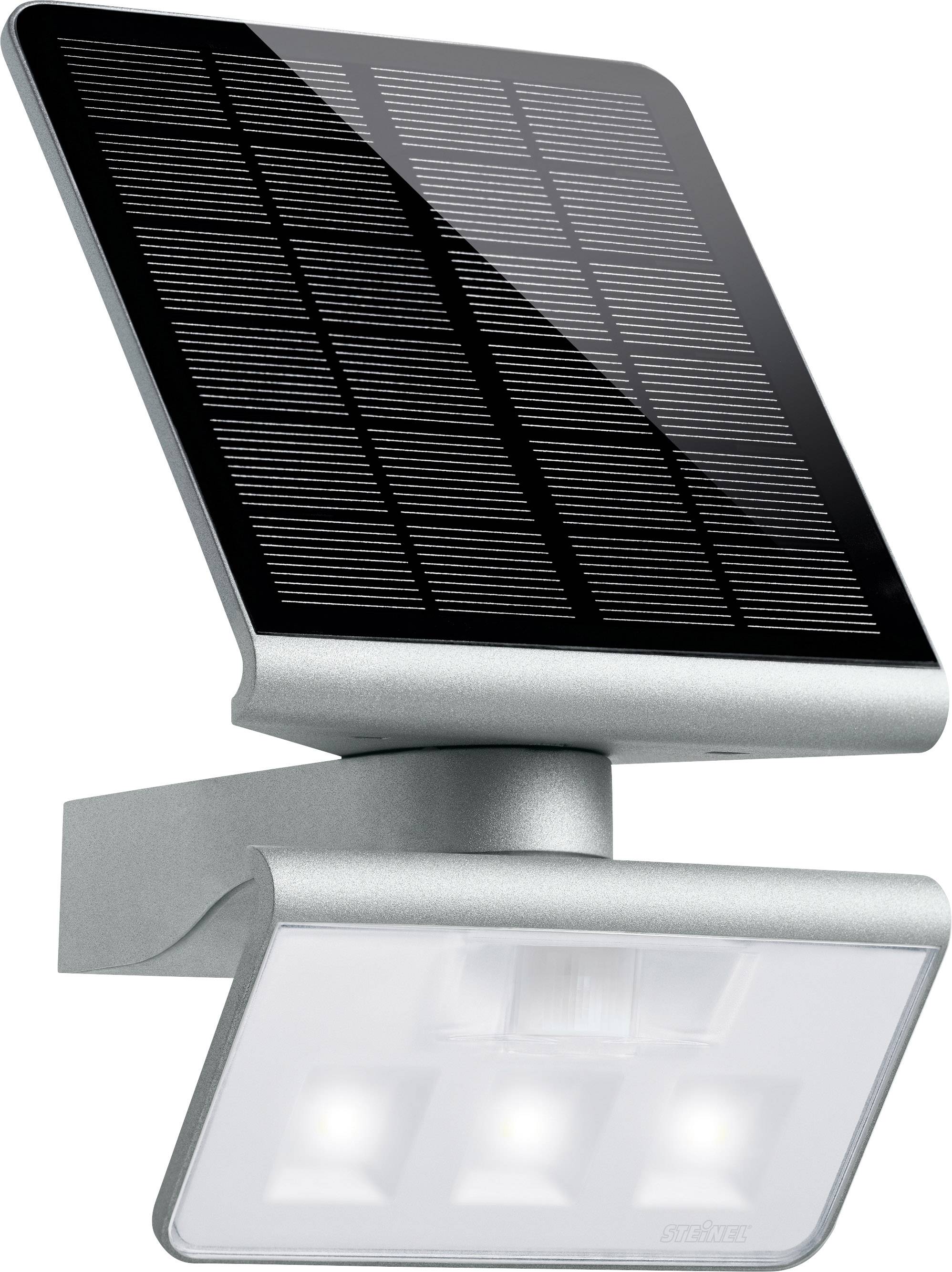 Silver solar lamp with a rectangular solar panel on top and three LED lights arranged underneath, suitable for wall mounting.