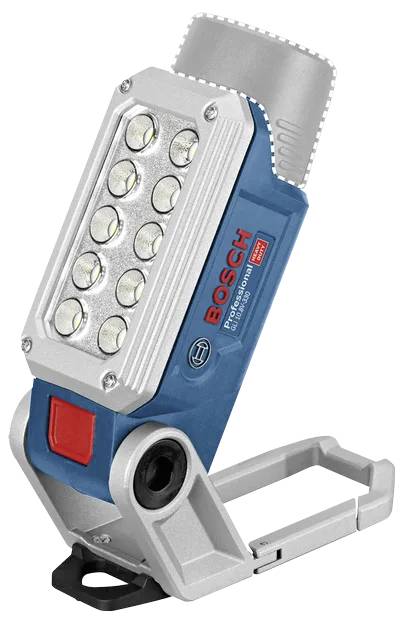A Bosch work light featuring nine LED bulbs, a blue and silver casing, and a rotatable head, designed for professional use.