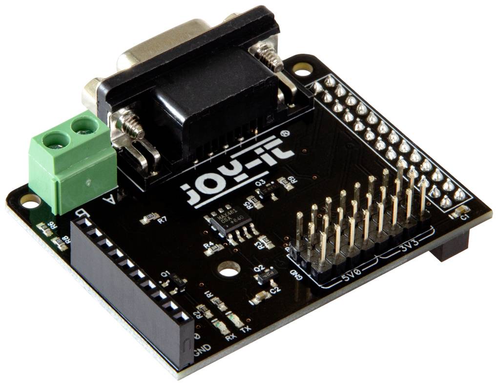 A black electronic board with various ports and pins, used for controlling and communicating with devices.