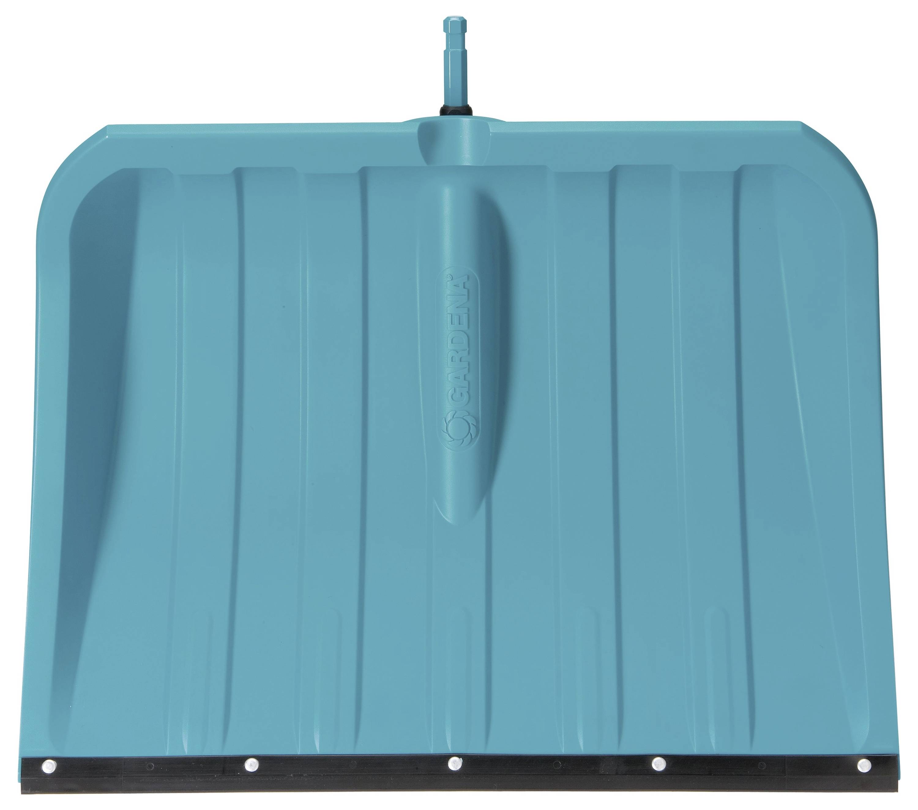 Turquoise snow shovel with sturdy plastic blade, handle attachment at the top.