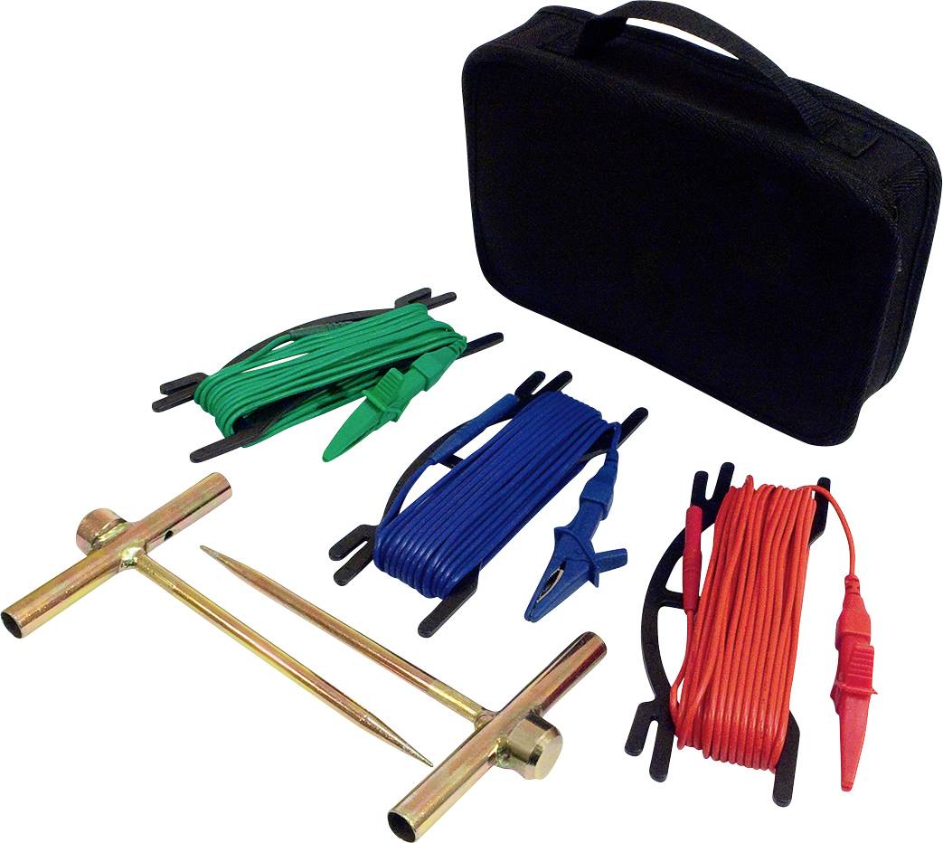 An electric fence earthing kit: contains three cables in green, blue and red, two earthing stakes and a carry case.