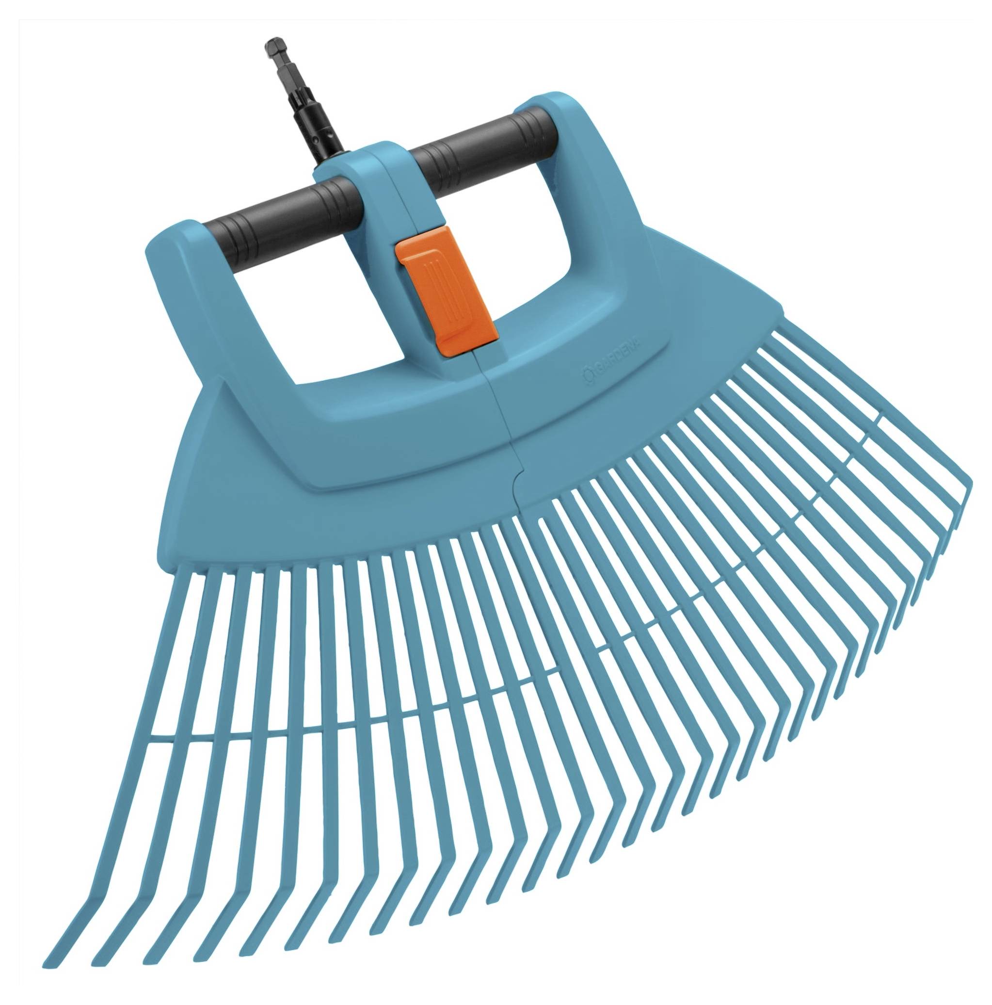 Blue leaf rake with a black handle and orange locking mechanism, for collecting leaves and garden waste.