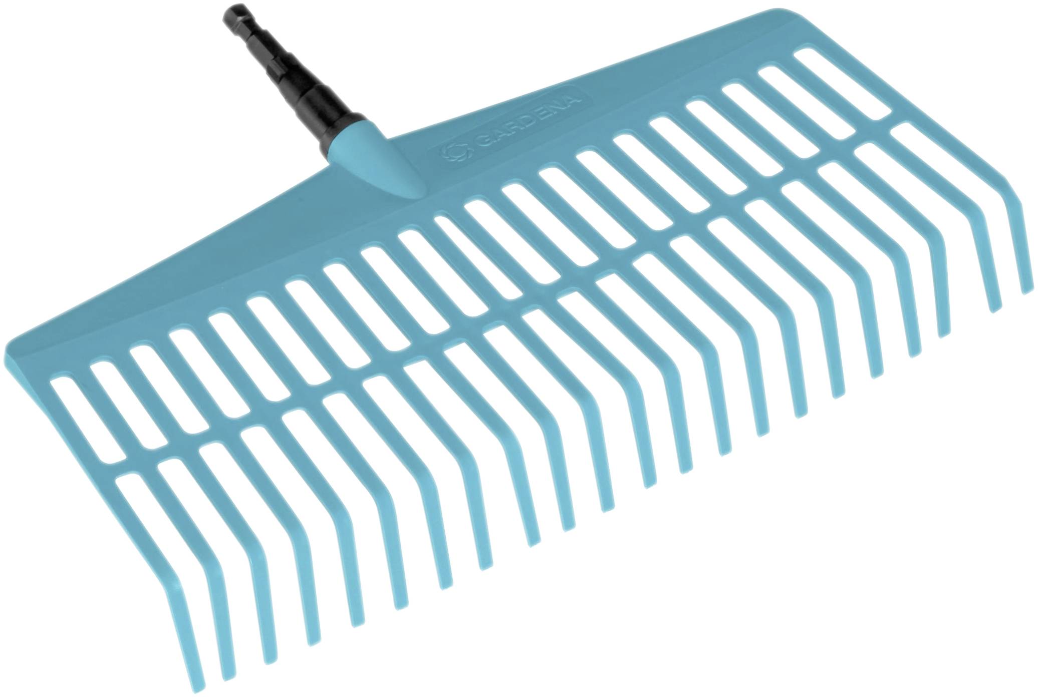 Light blue plastic lawn rake with wide tines and a black handle grip. Suitable for removing leaves from the lawn.