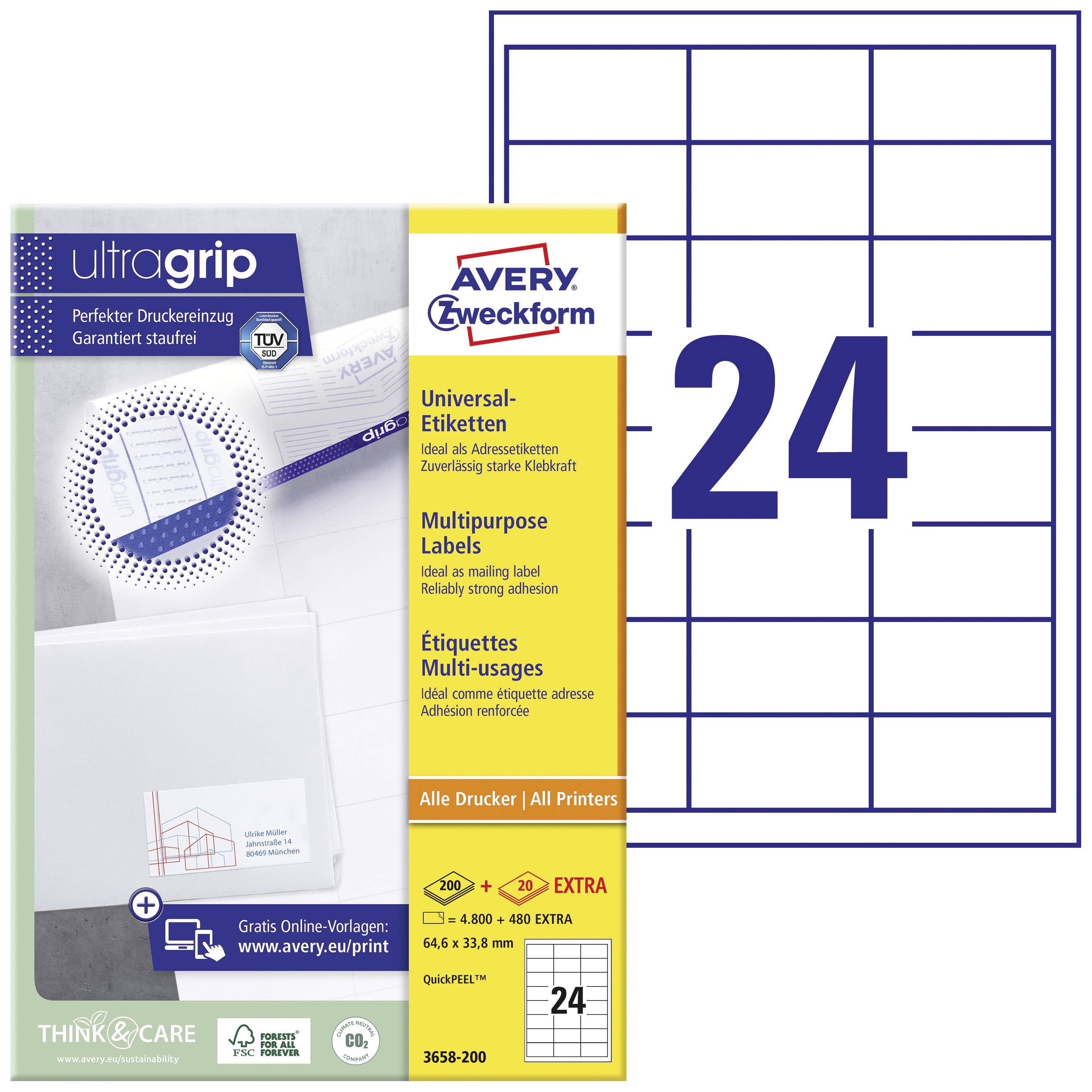 Avery Zweckform label box and sheets with 24 rectangular adhesive labels per sheet, including free online templates.