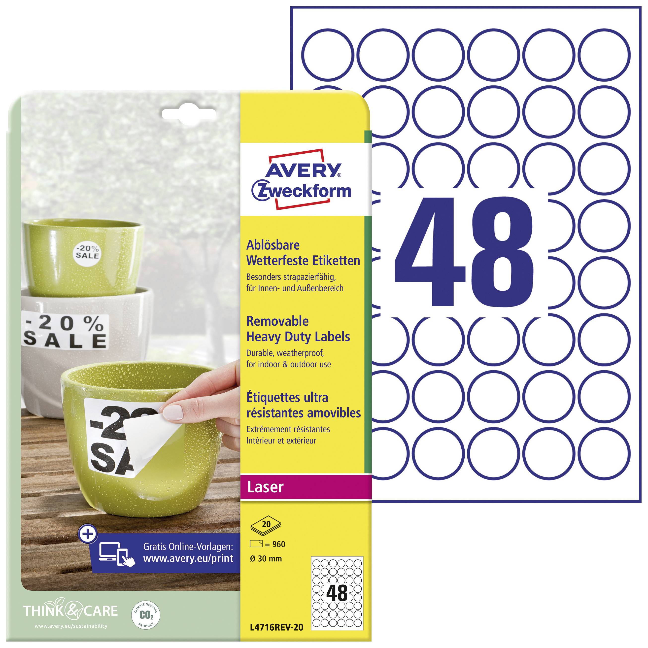 Avery-Zweckform L4716REV-20 Label film Ø 30 mm Film White 960 pc(s) Removable Laser, colour, Laser printer, Colour copier, Copier