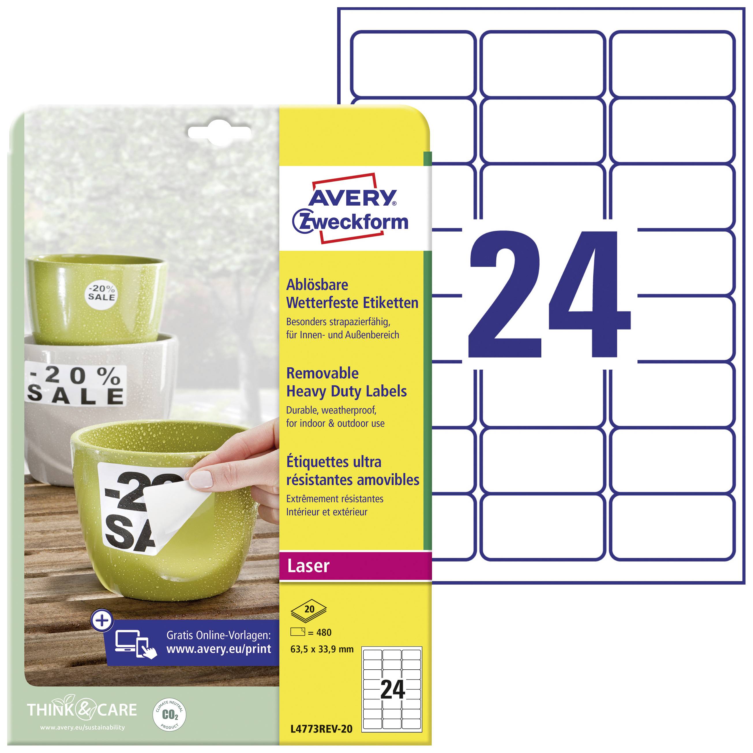 Pack of Avery Zweckform Labels, removable, weatherproof, 24 labels per sheet, ideal for retail and labelling.
