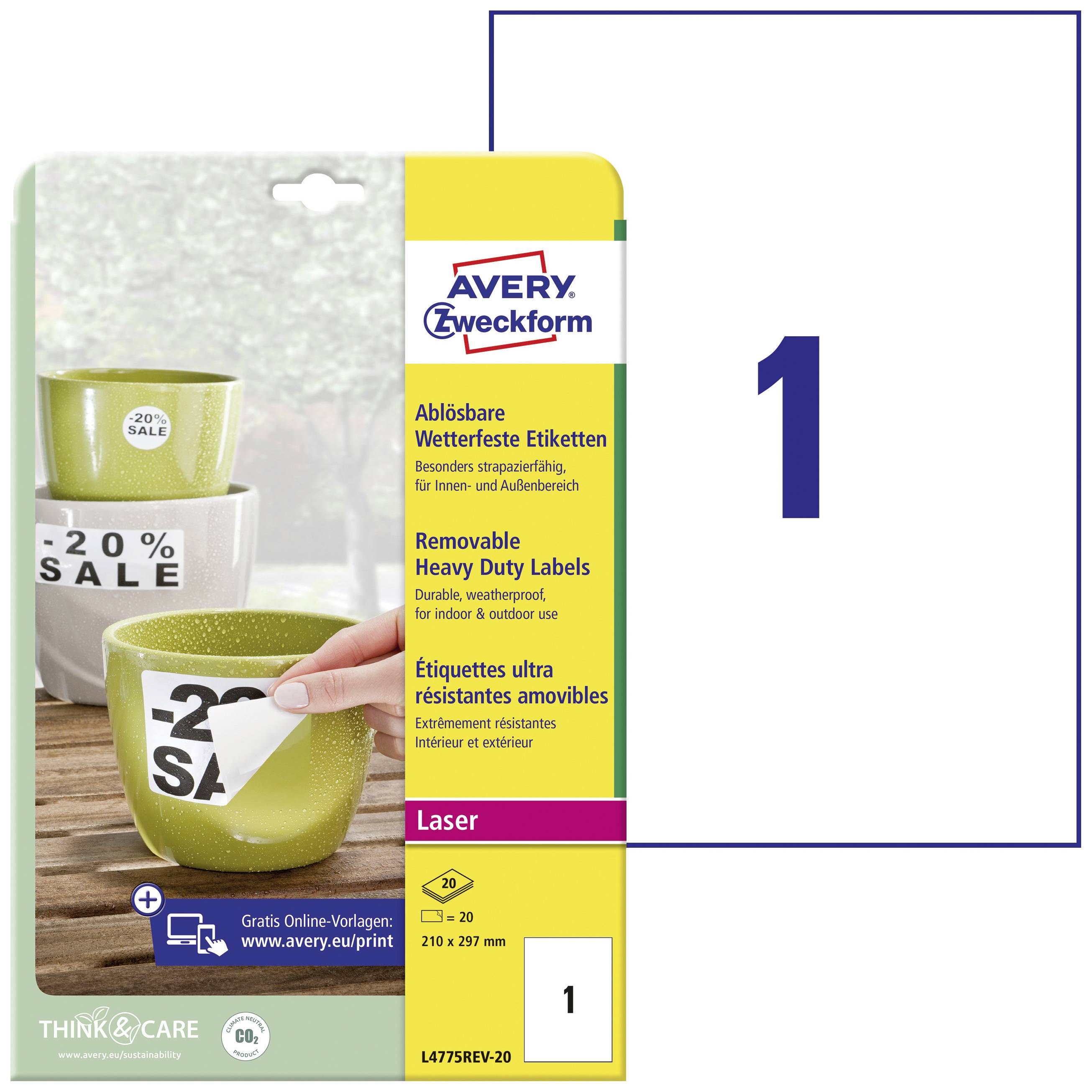 Avery-Zweckform L4775REV-20 Label film 210 x 297 mm Film White 20 pc(s) Removable Laser, colour, Laser printer, Colour copier