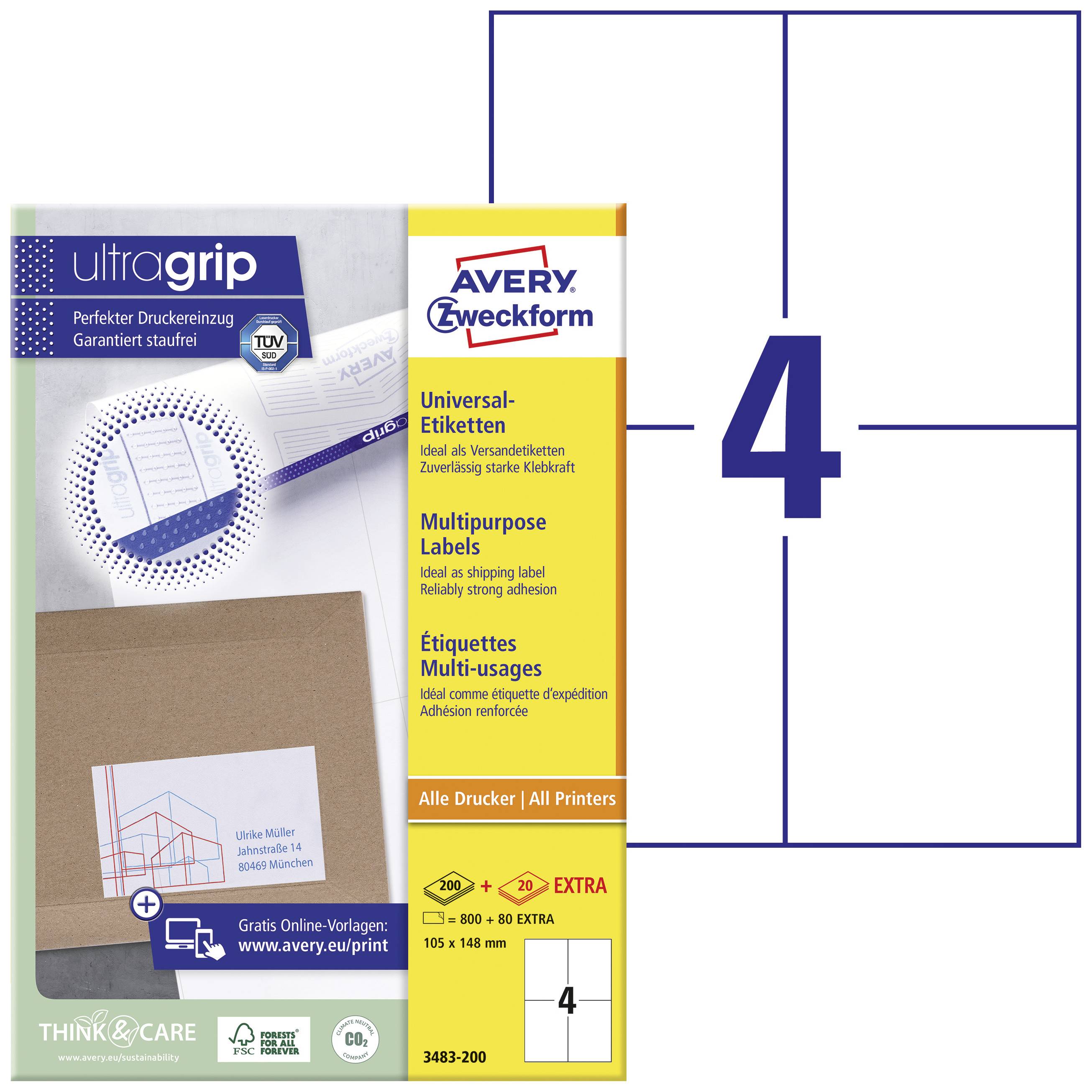 Packaging of Avery Zweckform Universal Labels. Shows example label with number '4'. Suitable for all printers, 21.2 x 29.7 cm.