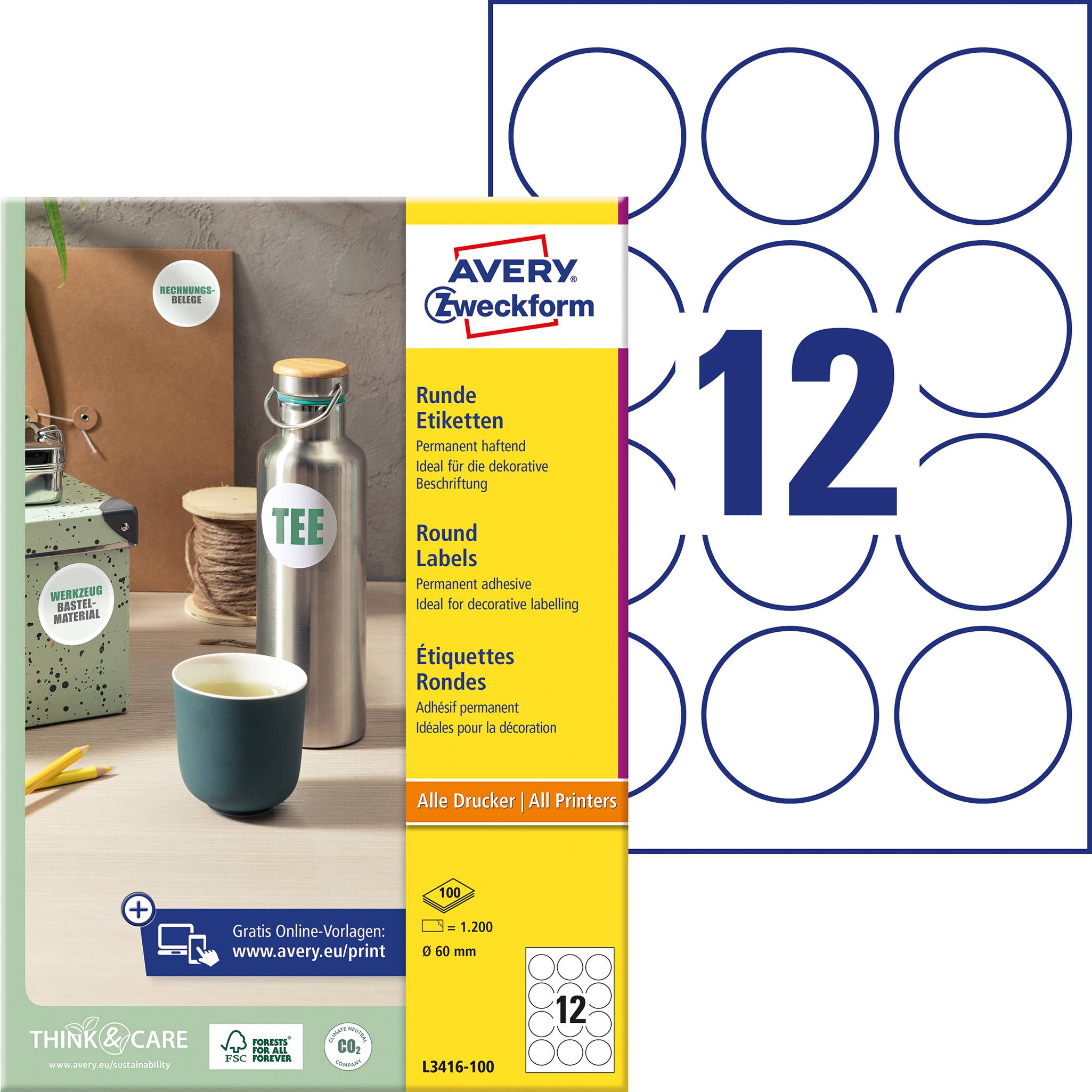 Avery Zweckform packaging of round labels, 12 labels per sheet. Next to it a coffee cup, a thermos flask with 'Tea'.