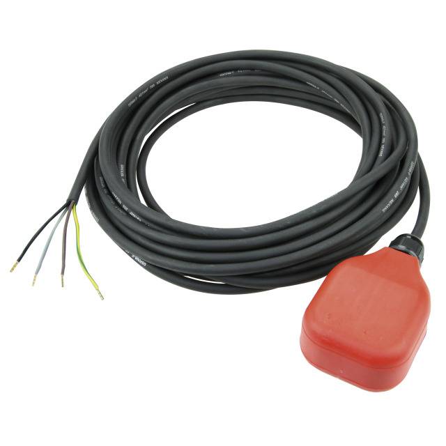 A red float switch with a long cable and four exposed wires at the end, for use in liquid monitoring systems.