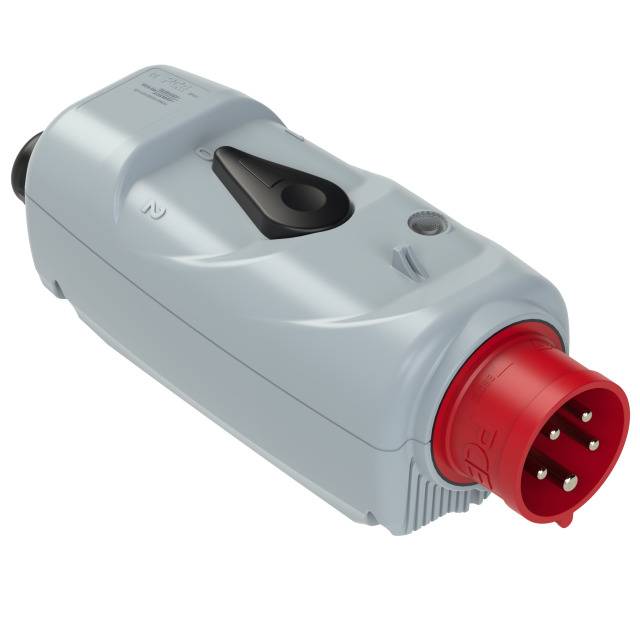 A grey, rectangular electrical plug with a red round connector and multiple metal pins, commonly used for industrial applications.