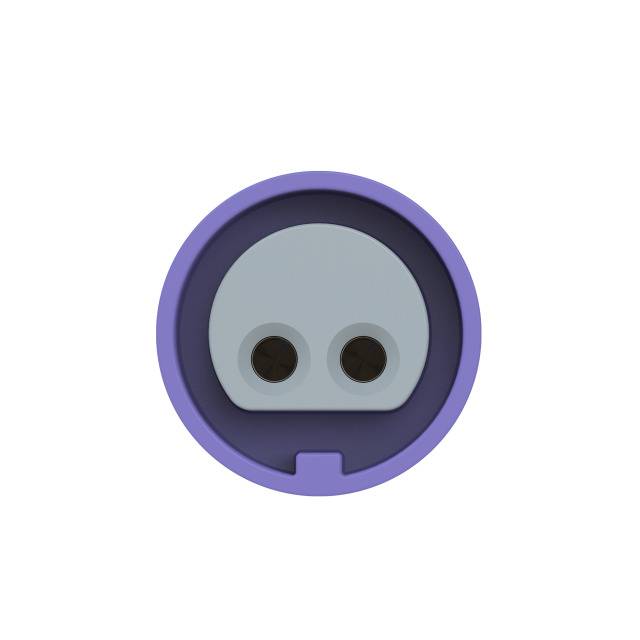 A purple plug connector with two round contact points, surrounded by a darker annular area.