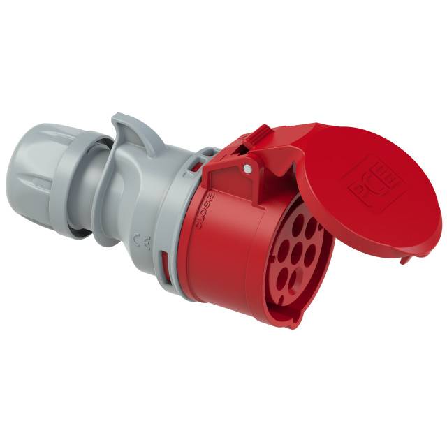 A grey-red industrial plug adapter with protective cap. Suitable for heavy-duty device connections in industrial environments.