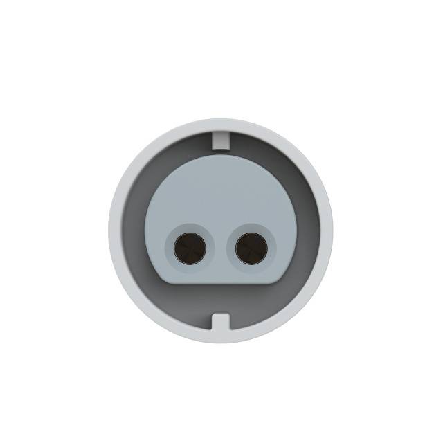 A round, white, two-pin socket viewed from the front, embedded against a grey background.