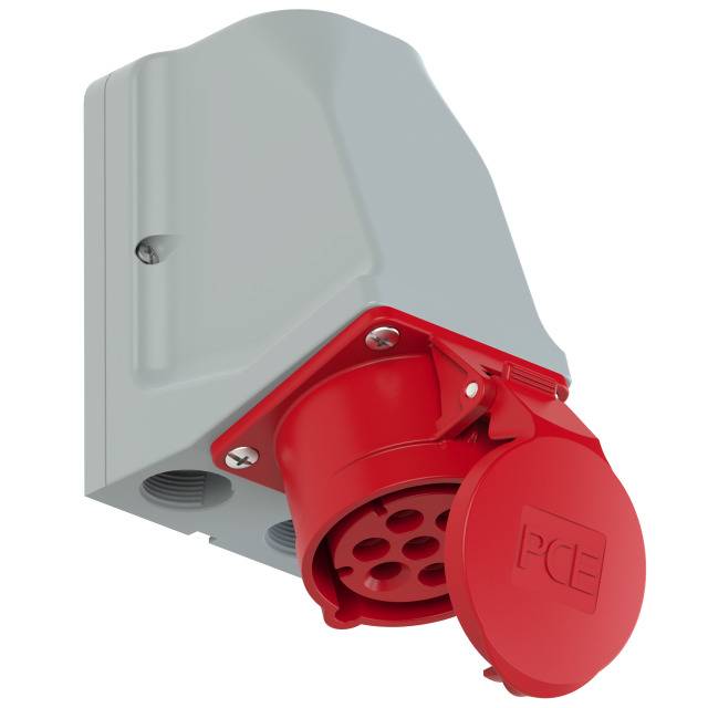 Red industrial socket with hinged cover on a grey housing, horizontally mounted. Suitable for industrial electrical applications.