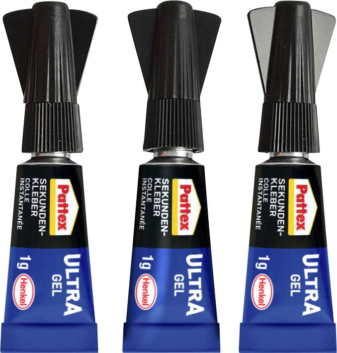 Three tubes of Pattex Ultra Gel adhesive with black caps, labeled as 'instant adhesive', each containing 1g, with Henkel branding.