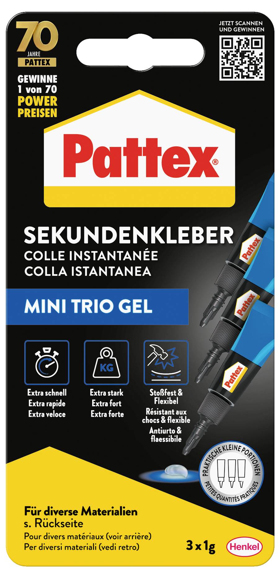 'Pattex Sekundenkleber Mini Trio Gel' adhesive pack, 3 tubes for diverse materials; quick and strong bonding; weight: 3x1g.