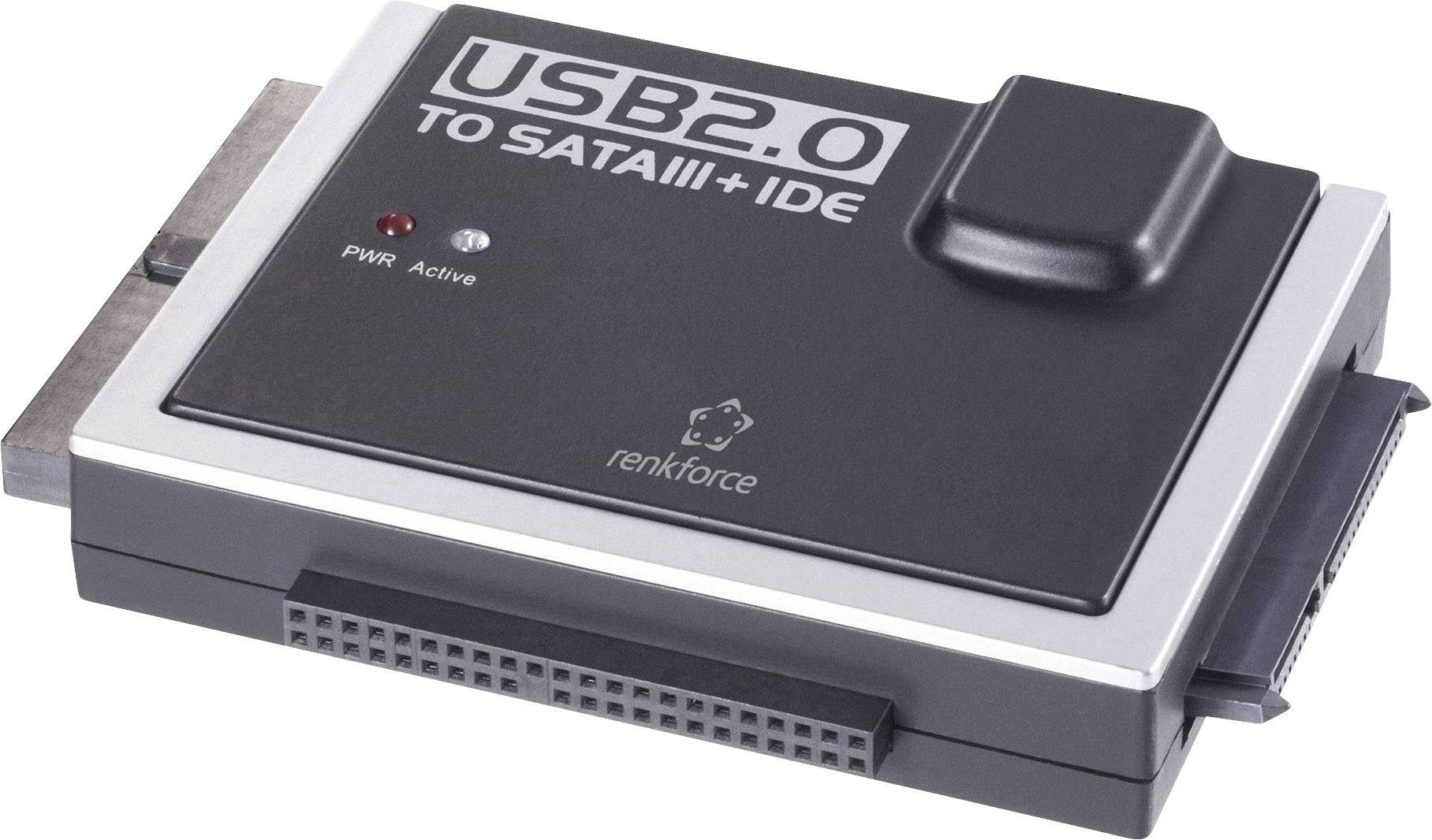 USB 2.0 to SATA III and IDE adapter by 'renkforce', featuring LED indicators for power and activity.