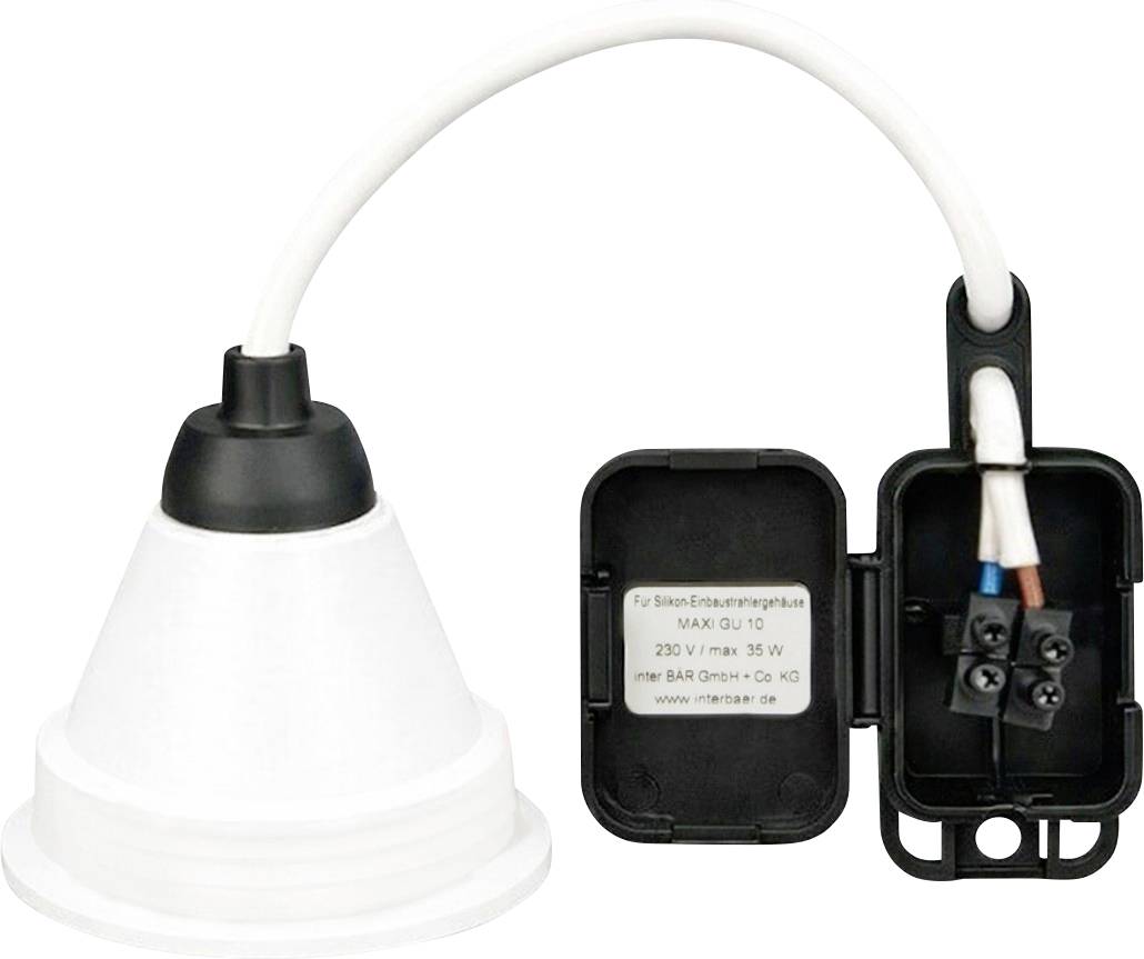A white hanging light fixture with an open back showing wiring connections and a label: 'Max 35W, 230V'.