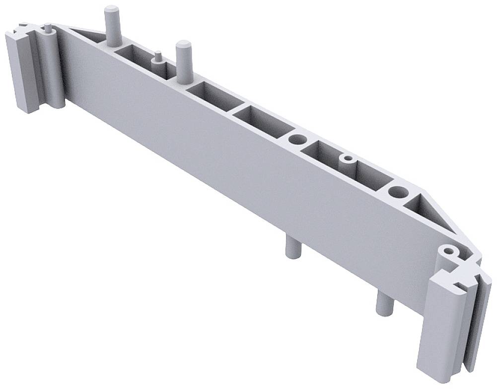 Grey building component with a rectangular structure and multiple protruding pins, potentially for technical applications.