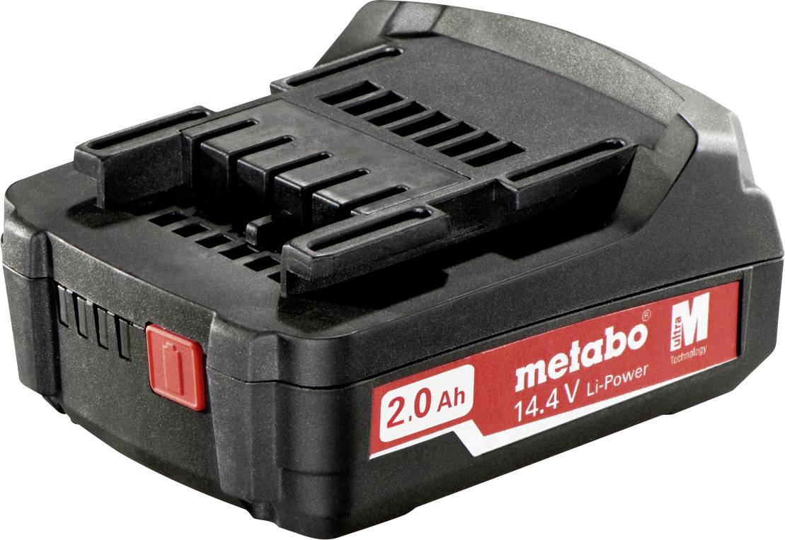 A black Metabo battery with a red label '2.0 Ah 14.4 V Li-Power'. Suitable for cordless tools.