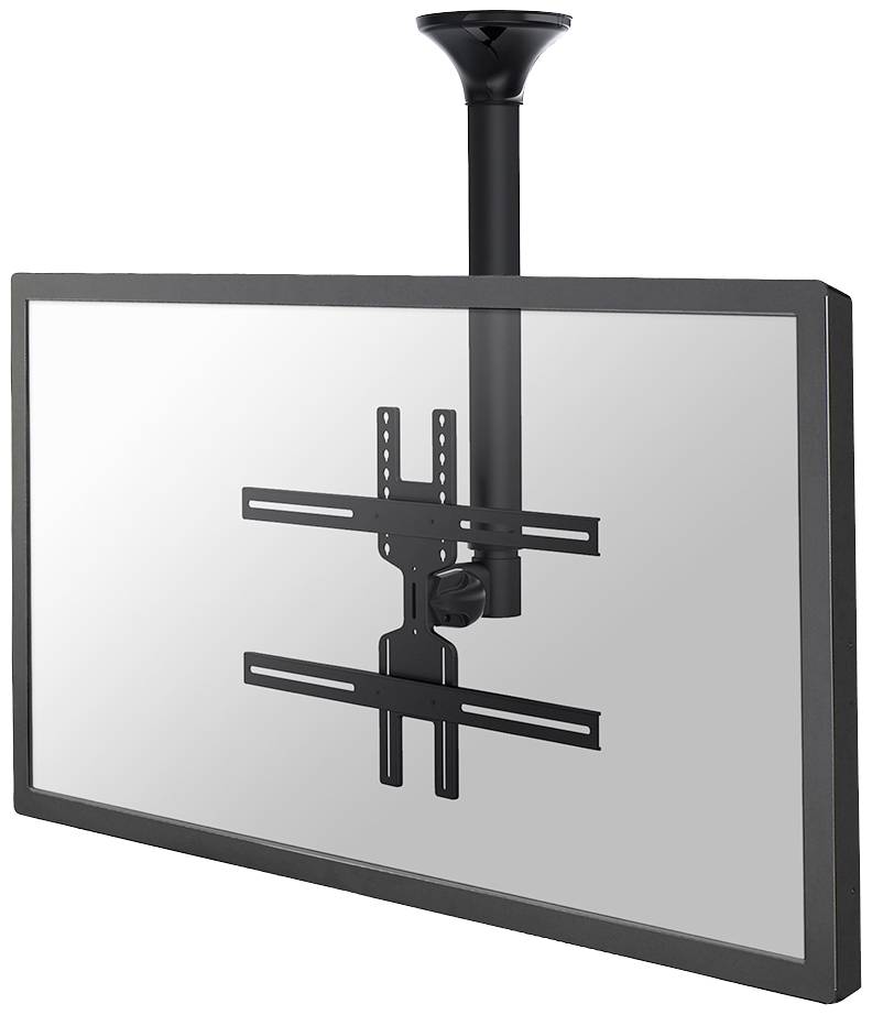 A television is mounted on a ceiling bracket that features a mounting rod to hold the device.